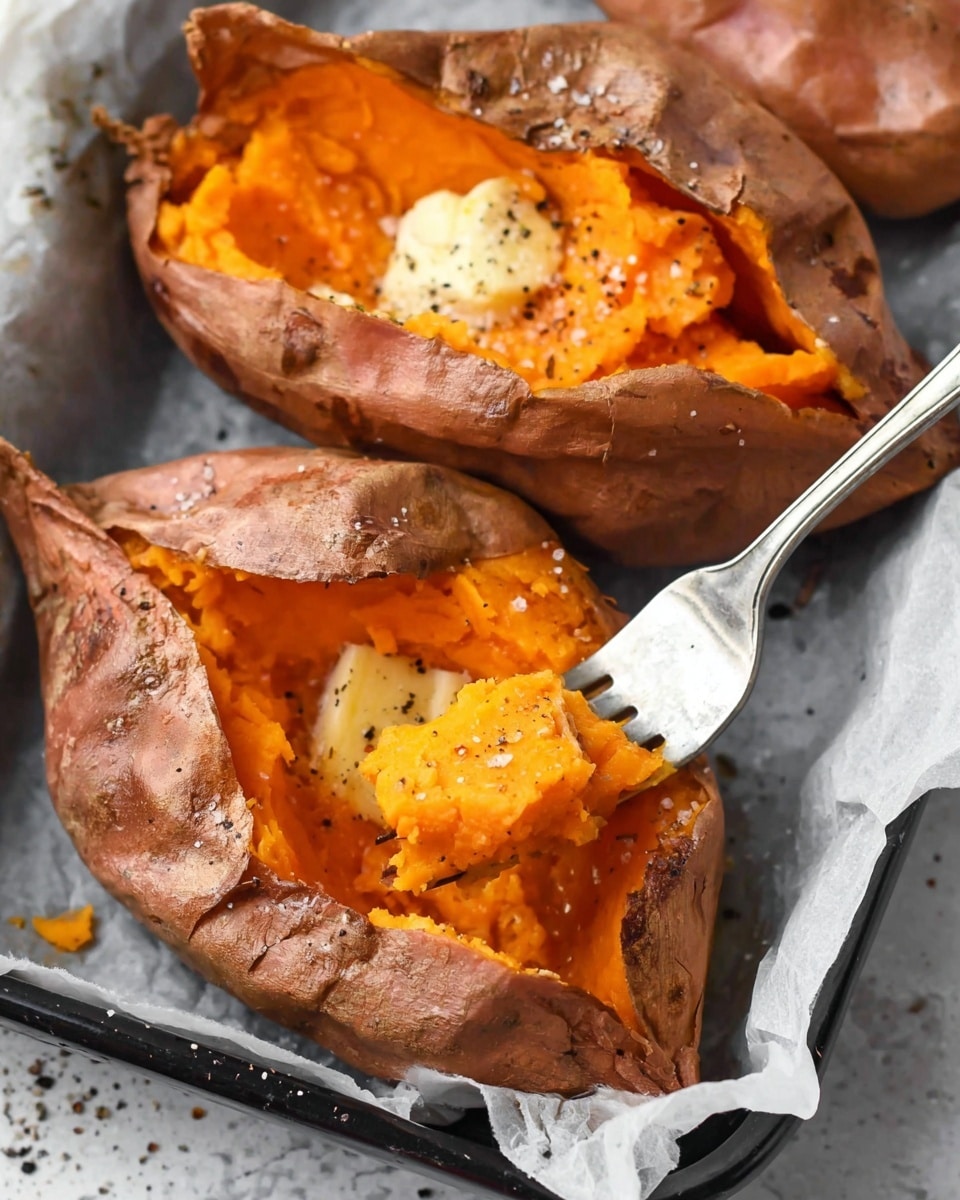 The image shows two baked sweet potatoes on a white marbled surface, each with a rough brown skin that is cracked open to reveal bright, soft orange flesh inside. The sweet potatoes are placed close together in a black tray lined with parchment paper. One sweet potato has a small silver fork lifting a scoop of the orange filling, which looks soft and sprinkled with coarse salt and pepper. Inside the open sweet potatoes, there is a small pat of creamy white butter melting into the flesh. The skin is slightly wrinkled and browned from cooking, and the surface around them is clean and simple. photo taken with an iphone --ar 4:5 --v 7