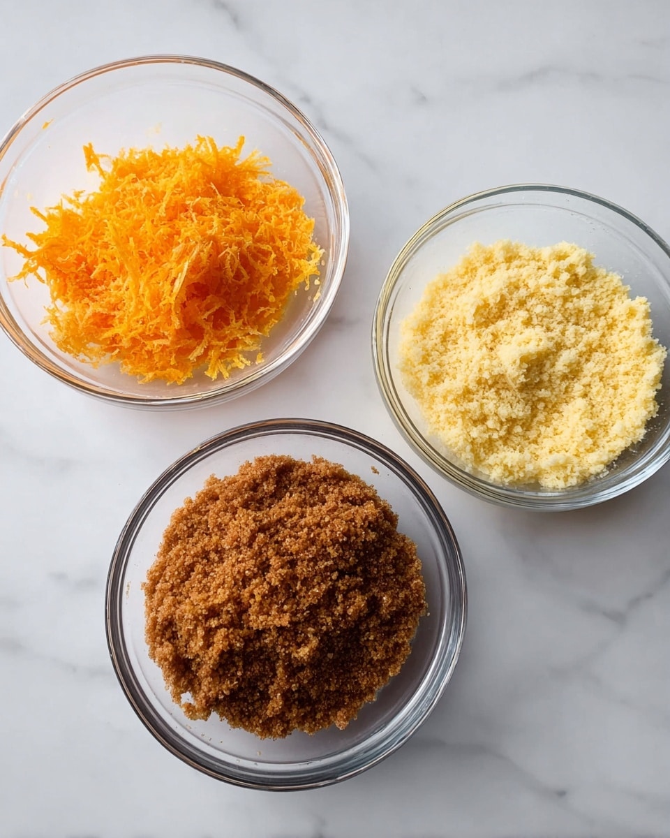 The image shows three clear glass bowls placed on a white marbled surface. The first bowl on the left contains finely grated orange zest, with a fluffy and slightly moist texture. The second bowl in the middle holds a dry, crumbly brown mixture, dense and spread evenly at the bottom. The third bowl on the right is filled with a pale yellow, light and crumbly substance. All three bowls are round and transparent, showing the different textures and colors of their contents clearly. Photo taken with an iphone --ar 4:5 --v 7