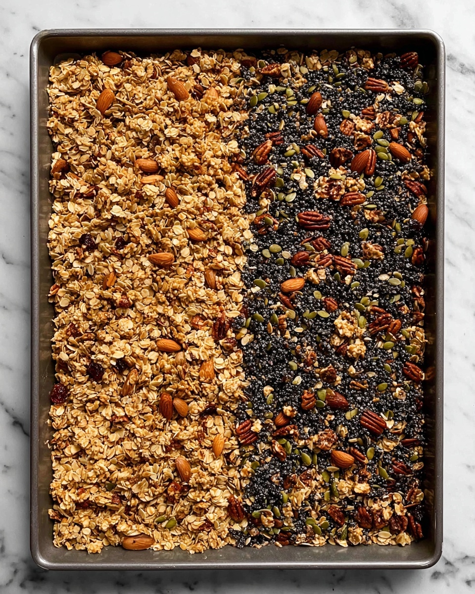 The image shows a large baking tray on a white marbled surface, filled with two different granola mixes divided down the middle. On the left side, there is a golden brown granola with visible oats, almonds, pecans, and pumpkin seeds, creating a textured, chunky layer. On the right side, the granola is darker with a blackish tint, mixed with similar nuts and seeds like pecans and pumpkin seeds, giving a glossy, sticky appearance with noticeable clustering. The two halves contrast sharply in color and texture but share similar shapes and small bits of nuts. Photo taken with an iphone --ar 4:5 --v 7