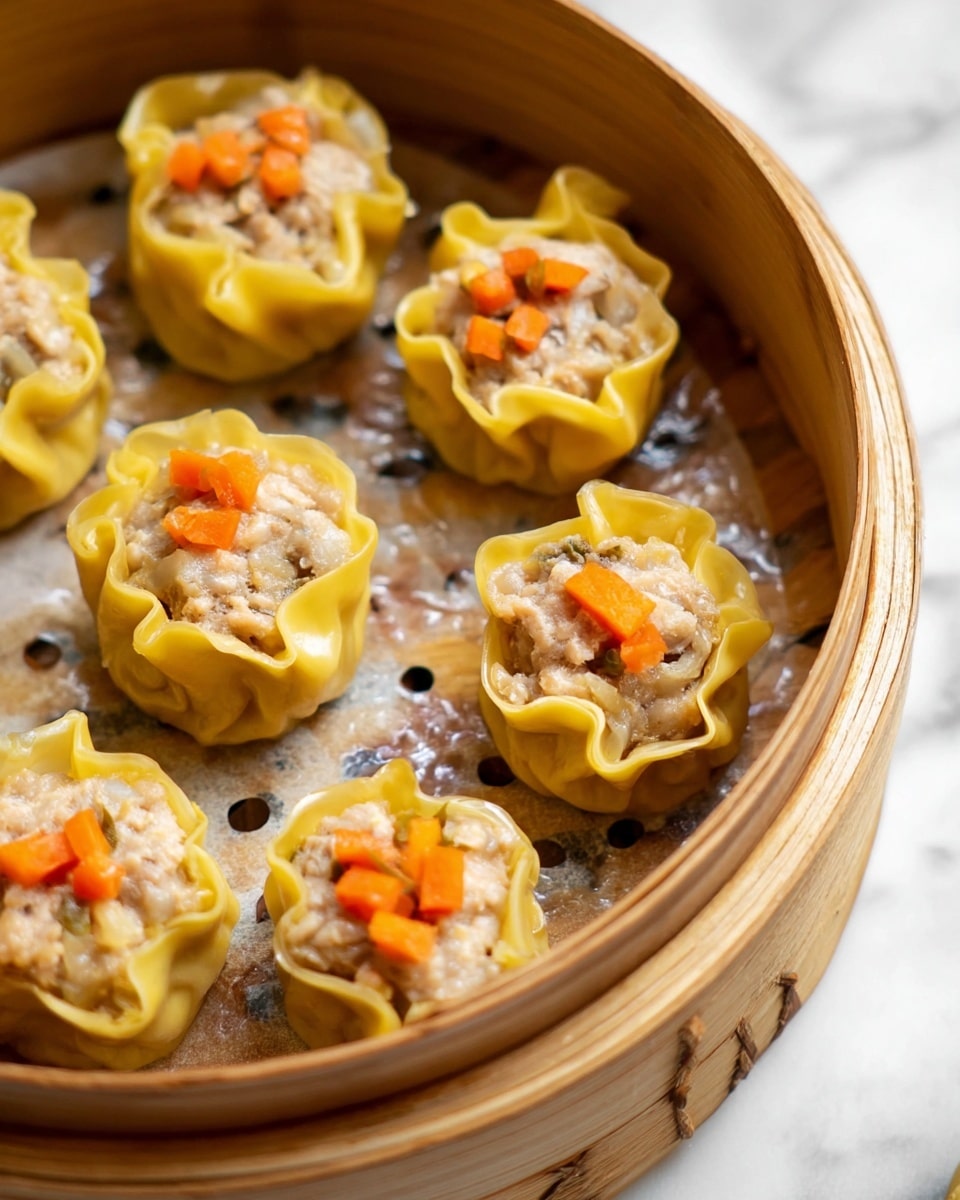 Seven round dumplings with yellow, wrinkled outer layers are arranged on a white speckled plate on a white marbled surface. Each dumpling is filled with a light beige mixture that includes tiny pieces of vegetables and meat, topped with finely diced bright orange carrots. In the background there is a small white bowl with sliced green onions, two brown chopsticks resting on the right side, and a white bowl with a light yellow liquid. A small part of a green bowl with more dumplings and a wooden spoon with chili flakes is visible on the lower right. A soft pink cloth is placed on the lower left corner. Photo taken with an iphone --ar 4:5 --v 7