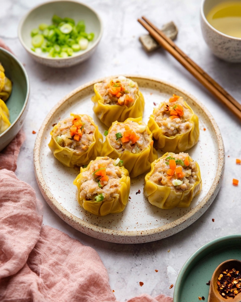The image shows a bamboo steamer filled with small steamed dumplings arranged closely together. Each dumpling has a pale yellow wrapper with pleated edges forming a cup shape. The top of each dumpling is filled with light beige, finely minced filling that looks soft and moist. Bright orange finely diced garnish is placed neatly on top of each dumpling, adding a pop of color. The steamer sits on a white marbled surface. The photo taken with an iphone --ar 4:5 --v 7