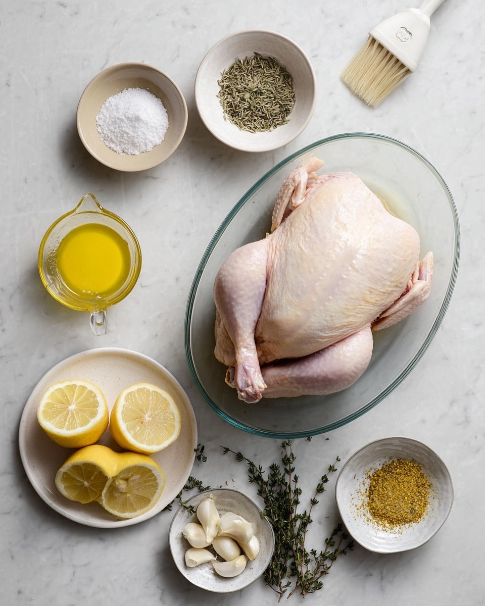A whole raw chicken with pale pink skin is placed in an oval clear glass dish in the center. Around it are seven small white plates and bowls arranged on a white marbled surface. Starting from the top left, there is a small bowl with coarse white salt, a beige bowl with dried mixed herbs, a clear glass measuring cup with melted yellow butter, and a small plate with thinly sliced garlic bulbs showing green shoots. Below them are two more white plates, one with two lemon halves showing bright yellow flesh, and another with fresh green thyme sprigs. Lastly, a small bowl contains a blend of yellow-green dried spices. A black silicone brush with a white bristle head is placed near the butter. photo taken with an iphone --ar 4:5 --v 7