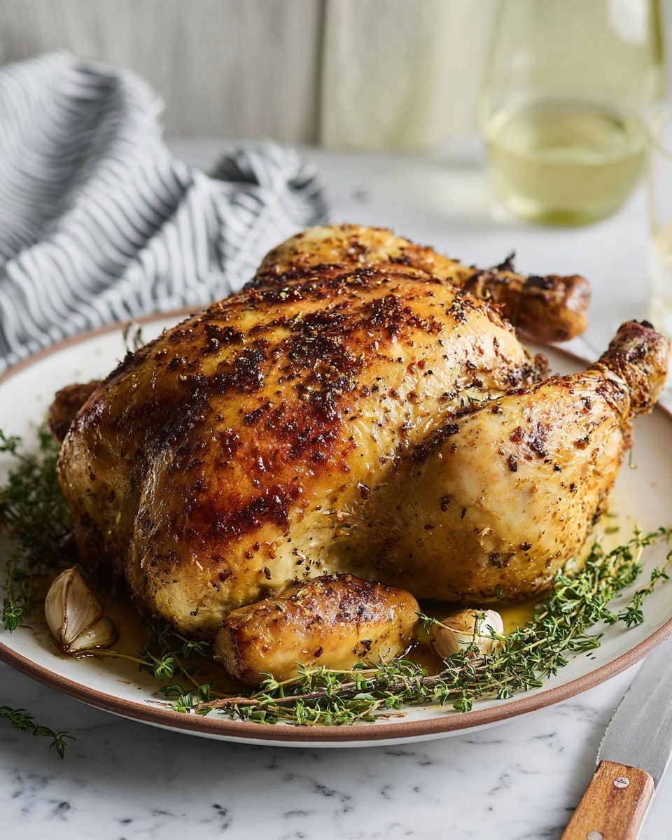 A whole roasted chicken sits on a white plate with a brown rim, showing a golden brown skin that is crispy with a mix of darker spice spots. The chicken is placed centered with its wings and legs tucked close to the body. Fresh green thyme sprigs and roasted garlic cloves lie underneath and around the chicken at the bottom of the plate. In the blurred background, there is a white marbled surface with a striped cloth to the left and a glass and bottle with a pale liquid to the right. A carving knife with a wooden handle rests on the surface near the lower right corner. Photo taken with an iphone --ar 4:5 --v 7