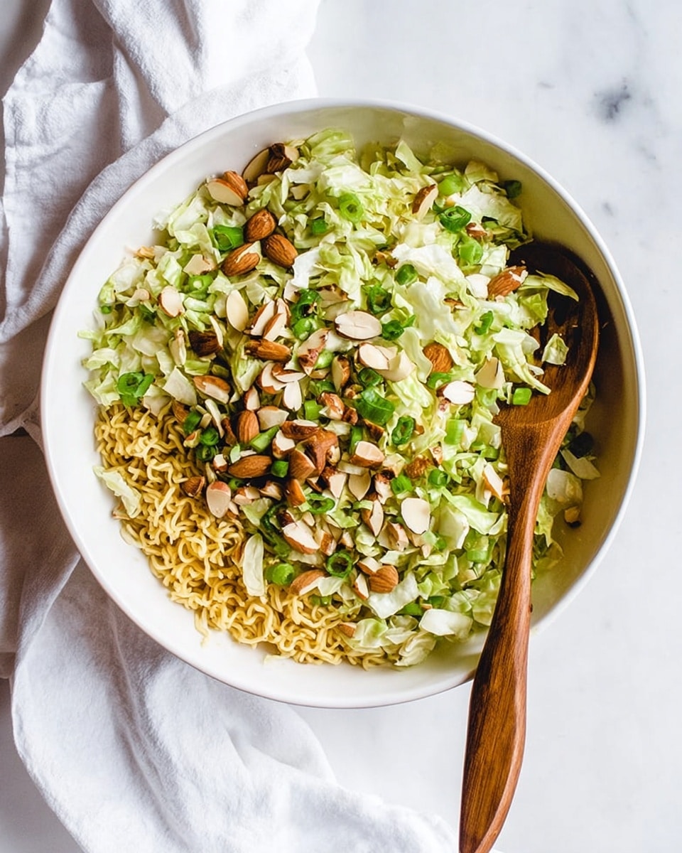 A white bowl filled with a layered salad placed on a white marbled surface with a light cloth nearby. The base layer consists of chopped light green cabbage with a rough texture. On top of that, there is a layer of broken pieces of uncooked, pale yellow ramen noodles with a wavy texture spread evenly over the cabbage. Scattered throughout the top layer are chopped green onions, adding a fresh green color. Thinly sliced almonds with a light tan color are sprinkled generously over the salad, providing a crunchy texture contrast. Photo taken with an iphone --ar 4:5 --v 7
