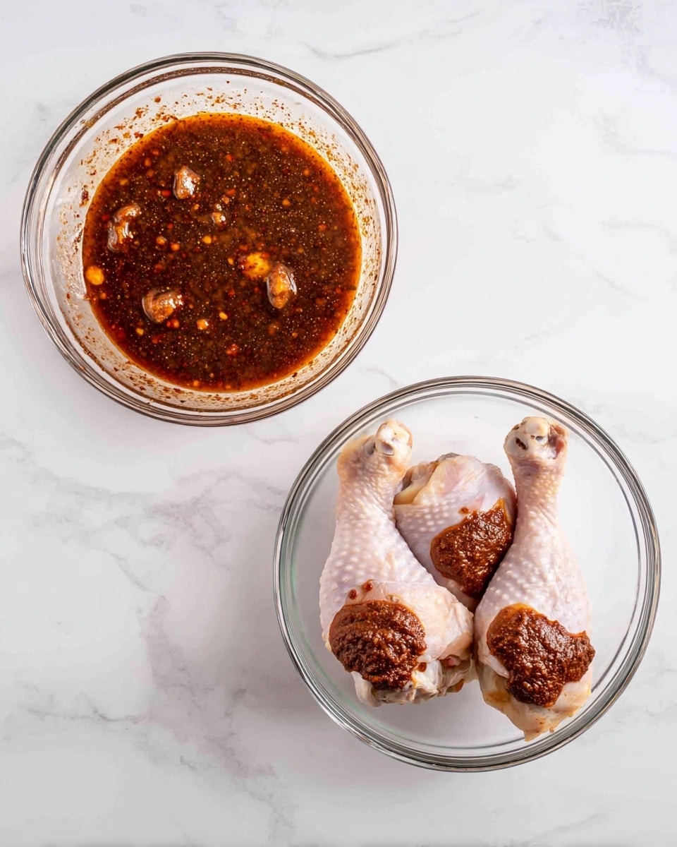 The image shows two clear glass bowls placed side by side on a white marbled surface. The bowl on the left contains a dark reddish-brown sauce with a slightly oily surface and some small chunks visible, filling most of the bowl. The bowl on the right holds three raw chicken drumsticks arranged with their ends pointing outward, and each drumstick is topped with dollops of the same dark reddish-brown sauce seen in the other bowl. The texture of the sauce on the chicken looks thick and coarse, contrasting with the smooth, pale skin of the chicken. photo taken with an iphone --ar 4:5 --v 7