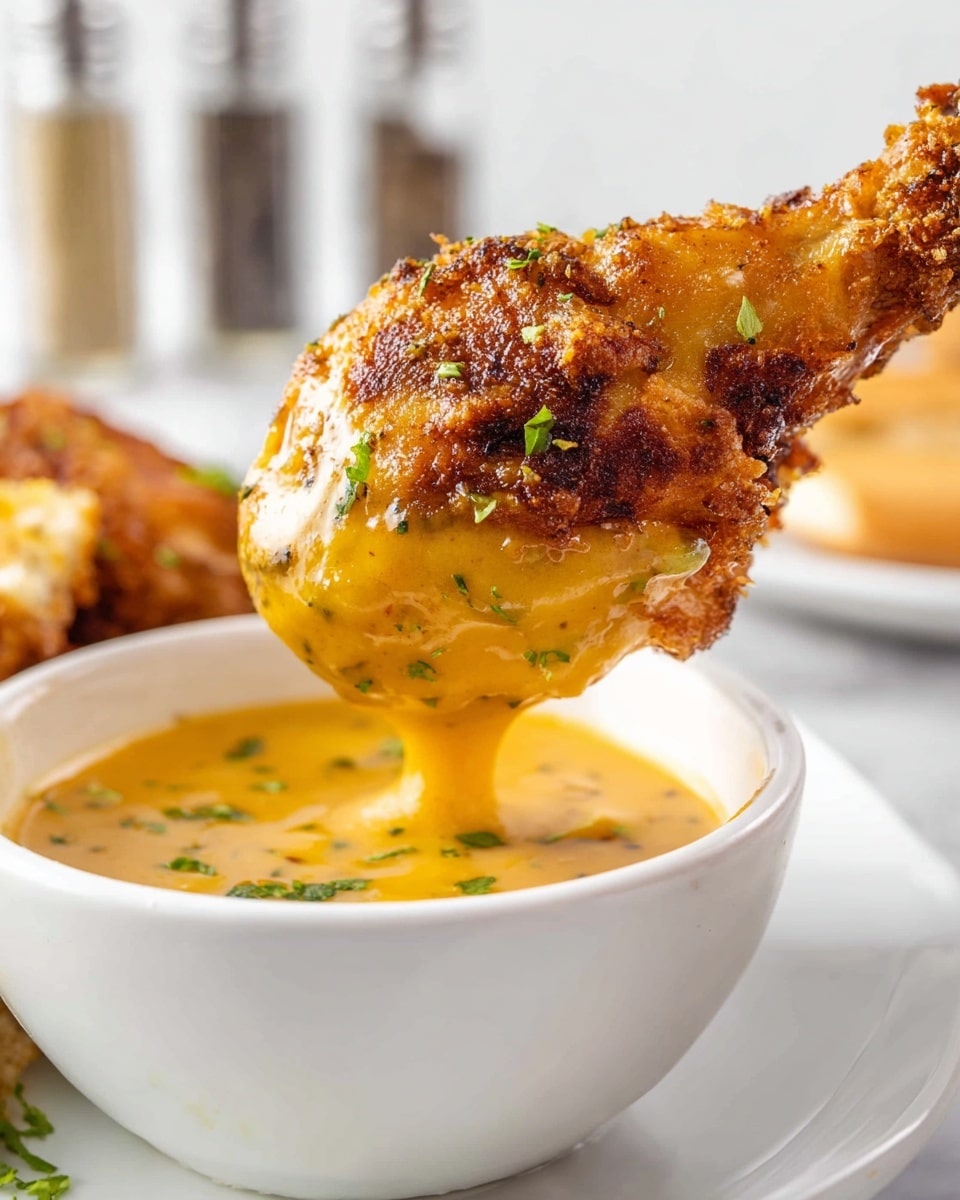 A crispy golden-brown chicken drumstick with a slightly rough texture is being dipped into a thick, smooth, yellow-orange cheese sauce inside a white bowl placed on a white plate. The drumstick has small green herb bits sprinkled on it, adding a fresh contrast to the warm colors. In the background, there is a white marbled surface with blurred outlines of seasoning shakers and a piece of bread. photo taken with an iphone --ar 4:5 --v 7