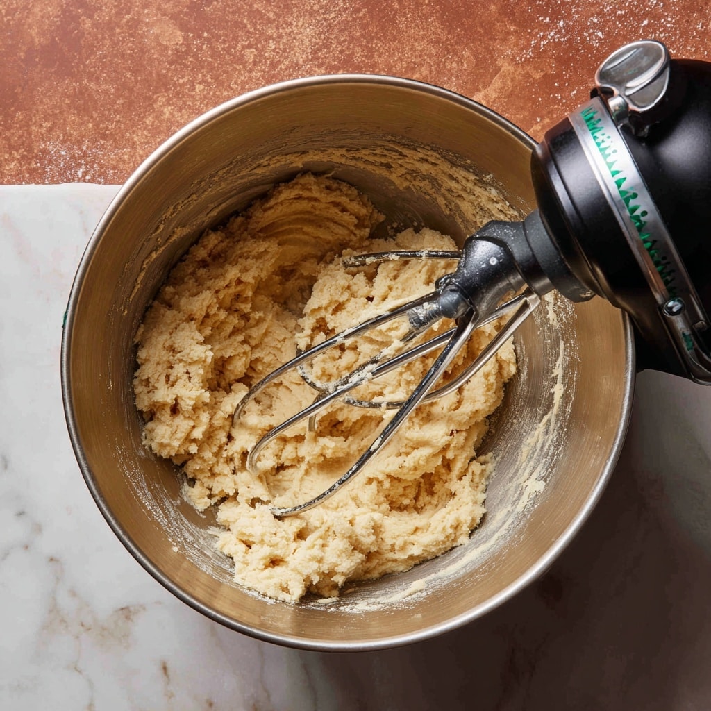 A shiny golden mixing bowl holds a light beige, thick dough with a crumbly texture gathered inside. A pair of silver beaters from a black electric mixer is partly buried in the dough, blending it. A woman's hand is holding the side of the bowl steady, showing nails with bright green and white patterns, while the other woman's hand is gripping the black mixer. The bowl is set on a white marbled surface with a warm reddish-brown textured background faintly visible above. photo taken with an iphone --ar 4:5 --v 7