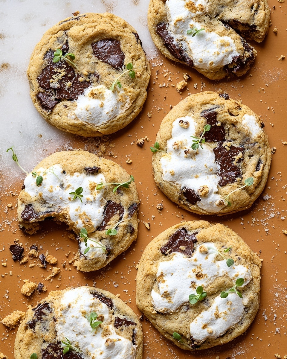 Six cookies are spread out on a white marbled surface with a rough texture. Each cookie has a soft golden-brown dough base mixed with large dark chocolate chunks. On top, a bubbly white marshmallow layer covers parts of each cookie unevenly, giving them a slightly melted and toasted look. Small green microgreens are scattered around and on some cookies, adding a fresh touch of color. One cookie is partially broken, with small crumbs nearby. The lighting brings out the gooey texture of the marshmallow and the rich chocolate, making the cookies look warm and inviting. Photo taken with an iphone --ar 4:5 --v 7