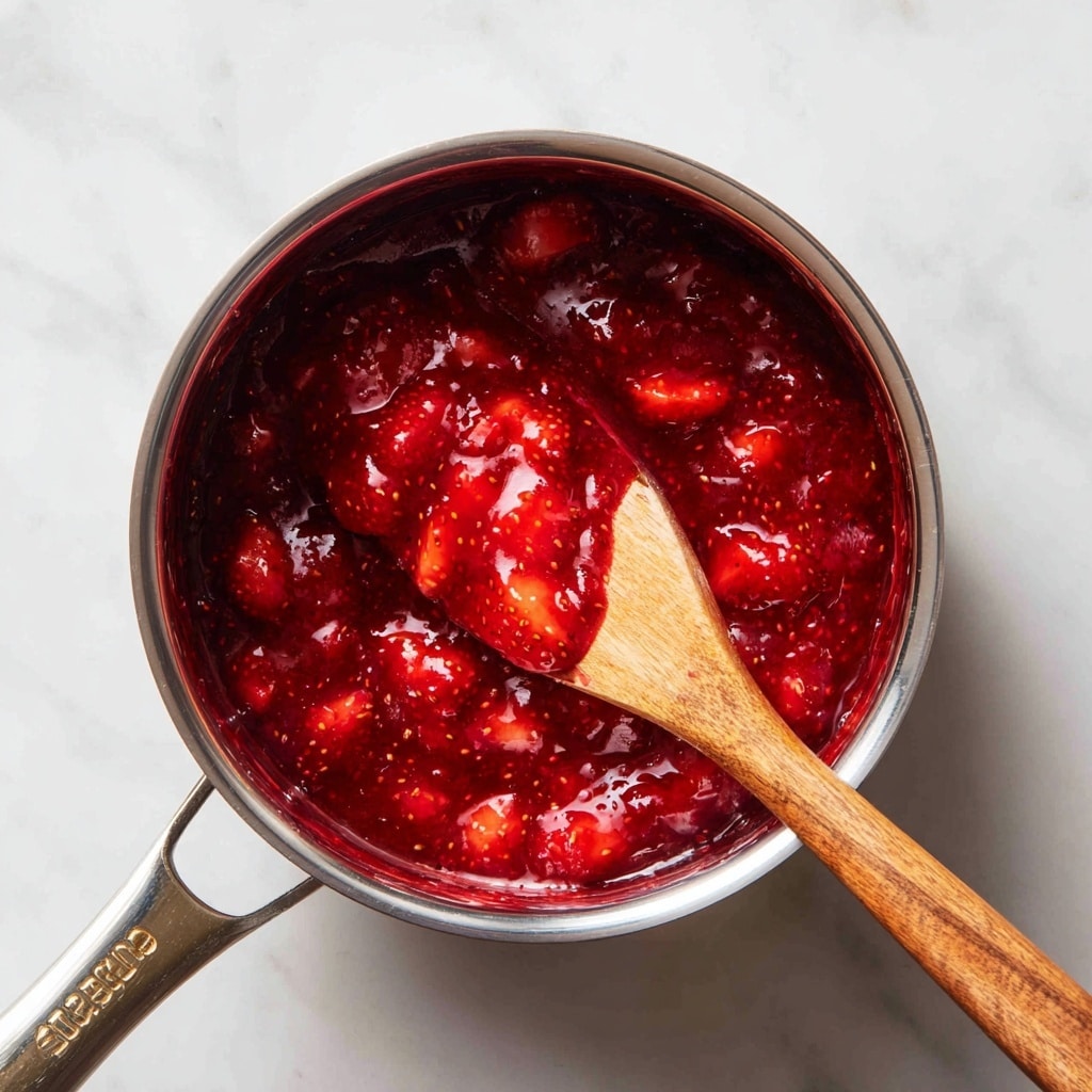 A top view of a small shiny metal pot with red chunky strawberry sauce inside, the sauce is thick and has pieces of strawberries visible. A woman's hand is holding the pot handle from the bottom left, while another woman's hand is stirring the sauce with a wide, flat brown wooden spatula inside the pot from the right. The pot is placed on a white marbled surface. The lighting shows some shine on the pot and sauce, making the textures clear. photo taken with an iphone --ar 4:5 --v 7