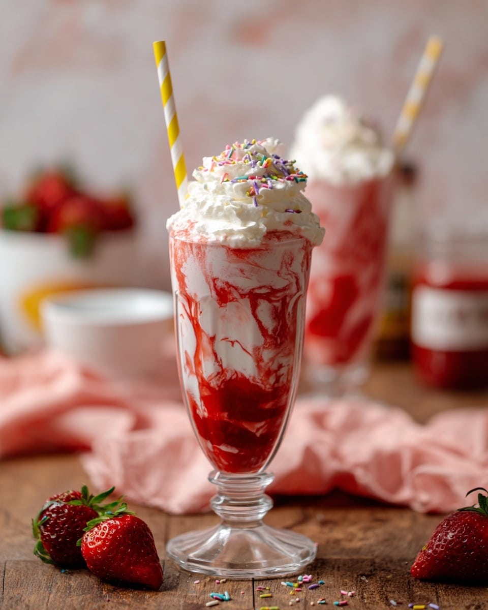 A tall glass with a footed base holds a layered strawberry drink, starting with a thick bright red strawberry puree at the bottom, followed by a creamy white milkshake layer with visible small black seed specks, swirled with more red strawberry syrup that drips down the inside of the glass. On top, there is a fluffy white whipped cream mound dotted with colorful tiny round sprinkles. A yellow and white striped straw stands upright in the whipped cream. Fresh whole strawberries lie scattered on a rustic wooden surface nearby, and a woman's hand gently touches a soft pink cloth beside the glass. The background is a soft peach color with a blurred second glass behind. Photo taken with an iphone --ar 4:5 --v 7