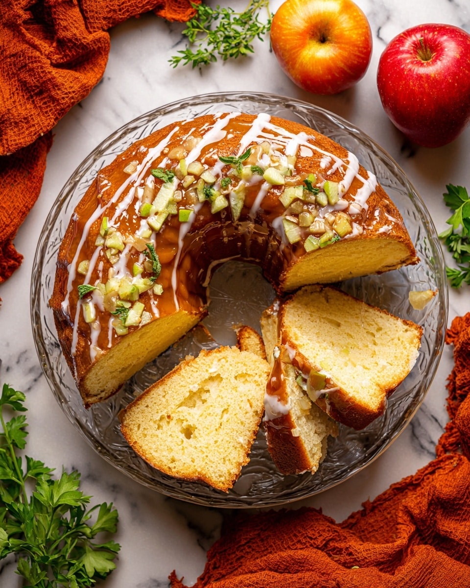 A round bundt cake with one thick layer sits on a clear glass plate, placed on a white marbled surface. The cake is light yellow and fluffy inside with a smooth, golden-brown outer layer. The top is covered with a sticky brown glaze mixed with small chunks of green apple pieces and drizzled with white icing in thin lines. Four slices are cut and pulled slightly away from the main cake, showing the soft texture inside. Around the plate are some fresh green herbs, a bright red apple, and an orange cloth adding color to the scene. Photo taken with an iphone --ar 4:5 --v 7