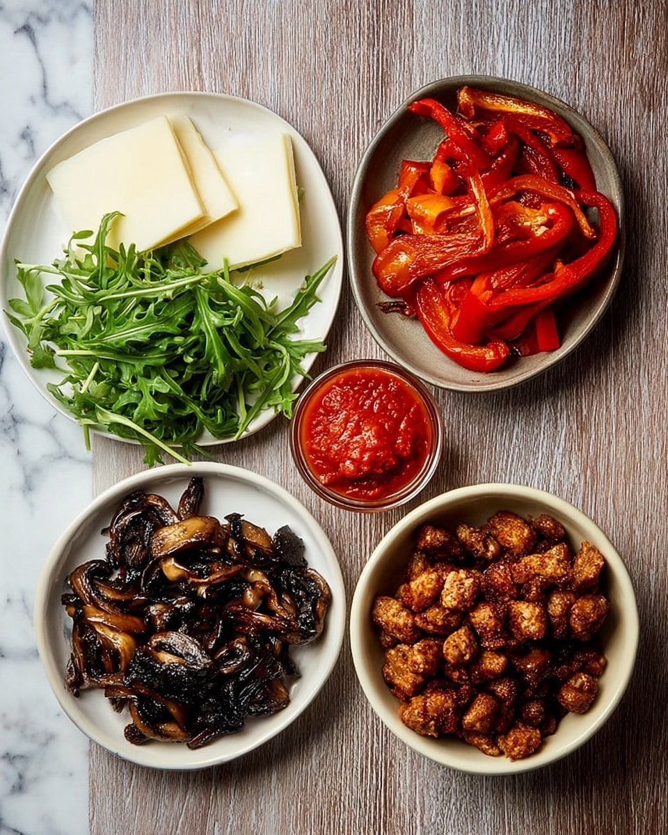 A round pizza with a golden brown crust is placed on brown parchment paper, sliced into six pieces with one slice slightly pulled away. The base layer is bright red tomato sauce topped with melted light yellow and white cheese. Scattered on top are dark brown cooked sausage pieces and sliced mushrooms with a dark grilled texture. Bright red roasted bell pepper chunks add color, while fresh green arugula leaves are spread over the whole pizza, adding a fresh contrast. The pizza rests on a wooden surface with a small white bowl holding lemon wedges and a dark bowl of grated cheese nearby. photo taken with an iphone --ar 4:5 --v 7