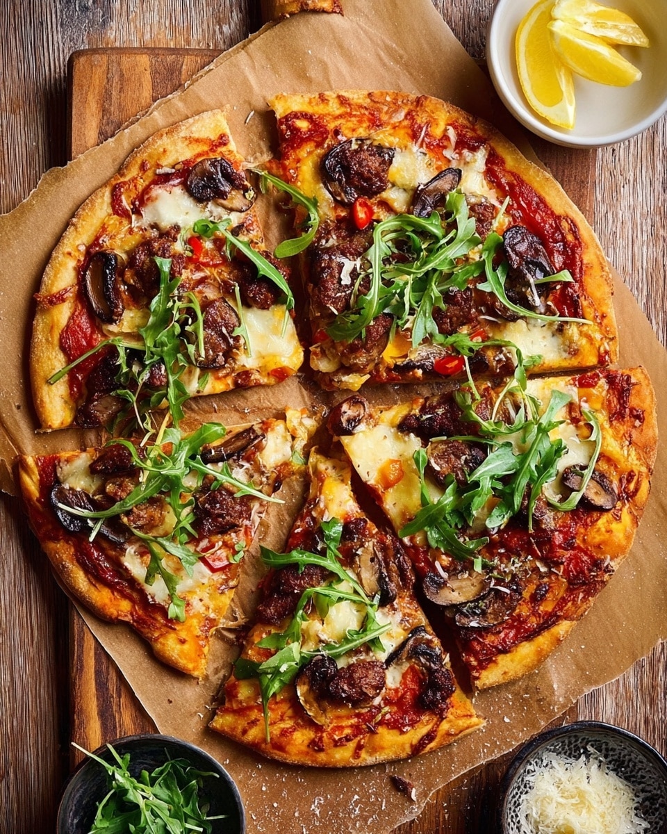 A round pizza with a thick, light golden crust sits on brown parchment paper over a white marbled texture. The first layer is a bright red tomato sauce spread evenly on the crust, topped by melted, light yellow cheese covering most of the pizza. Scattered across are dark brown cooked mushroom slices and chunks of browned sausage. Large pieces of roasted red bell pepper add a deep orange-red color. Fresh green arugula leaves are spread loosely on top, adding a fresh look. Near the pizza, a small white bowl with lemon wedges and a black bowl filled with grated cheese and some arugula leaves are partly visible. photo taken with an iphone --ar 4:5 --v 7