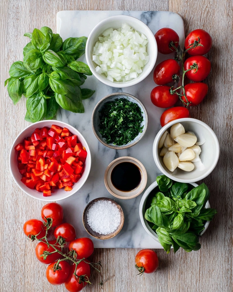 A top view of several white bowls arranged on a white marbled surface, each filled with different fresh ingredients: one bowl with finely chopped white onions, another with bright green basil leaves, a third with leafy parsley, a fourth with thinly sliced garlic, and a larger bowl containing diced red bell peppers. There are also small bowls with salt and a dark sauce, and several bunches of vivid red cherry tomatoes scattered around them, some still attached to green stems. The colors are fresh and vibrant, showing a mix of red, green, and white tones. Photo taken with an iphone --ar 4:5 --v 7