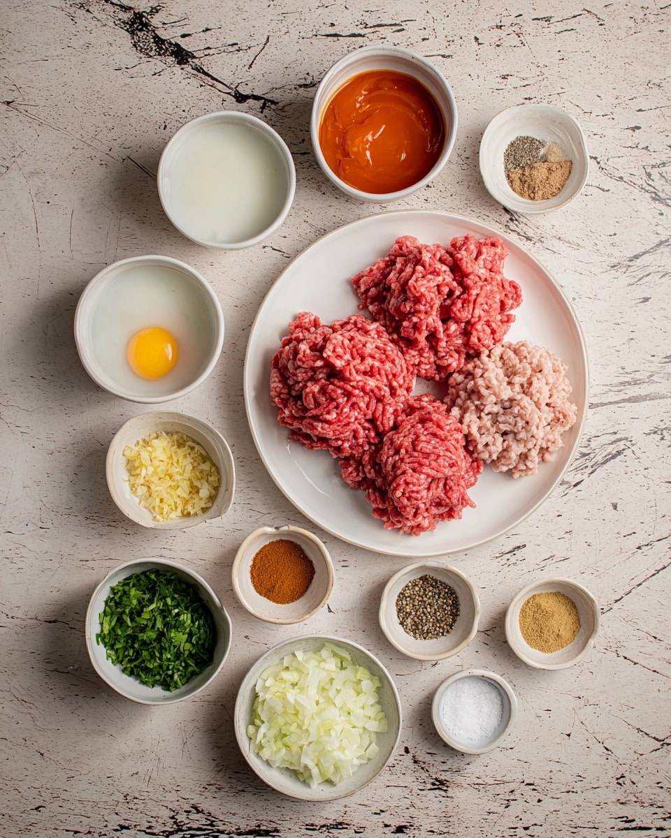 A white speckled bowl holds three golden brown meatballs sitting in a reddish-brown sauce. On top of the meatballs is a layer of thinly sliced purple onion mixed with chopped green herbs. One meatball is cut in half, showing a light brown inside with green herb flecks, and a fork piercing this half. The bowl is placed on a wooden textured surface with another bowl filled with more purple onion and herbs blurred in the background. Photo taken with an iphone --ar 4:5 --v 7