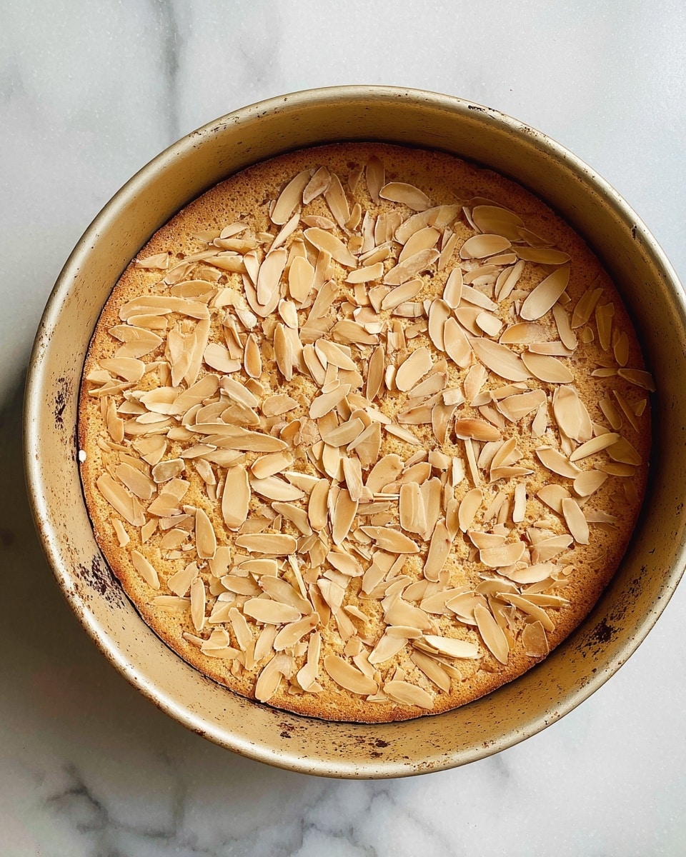 A single round layer of light brown cake topped with a scattered layer of pale golden toasted almond slices covers the top. The cake is in a round, slightly worn beige baking pan with a few darker spots inside. The background is a white marbled surface. photo taken with an iphone --ar 4:5 --v 7