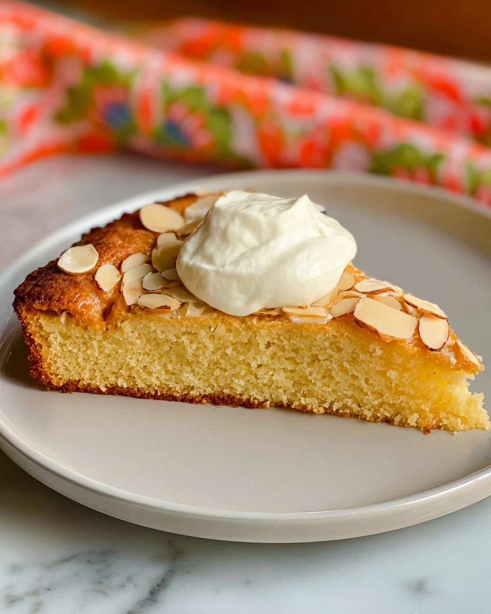 The image shows one round cake with a light brown color and soft texture, placed on a thin metal base. The cake top is covered evenly with many small, light tan sliced almonds, adding a crunchy texture. The cake sits on a white marbled surface, with a blurred green and white window in the background. The cake has one simple layer with the almond topping on the upper surface. photo taken with an iphone --ar 4:5 --v 7