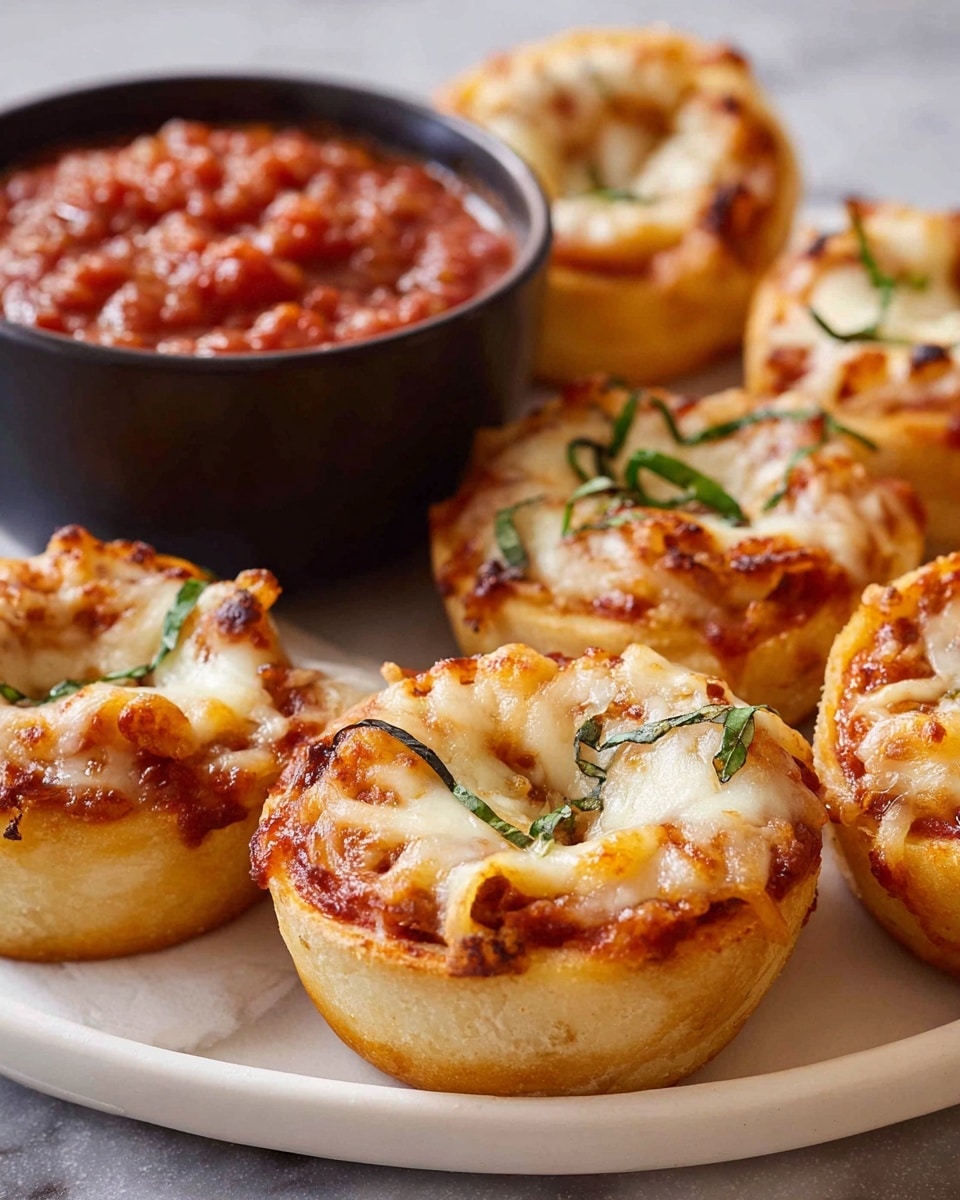 The image shows eight pizza rolls arranged on a white plate in the background, with one pizza roll placed alone on a textured silver plate in the foreground. Each pizza roll has a light golden dough base rolled up with visible layers of red tomato sauce and melted white cheese inside, topped with shredded white cheese and small green basil pieces. To the right on the white marbled surface, there is a black bowl filled with chunky red marinara sauce. In the background, a wooden board holds fresh green basil leaves, and a small white bowl appears blurred. A red-and-white striped cloth is partially visible in the lower left corner. The photo taken with an iphone --ar 4:5 --v 7
