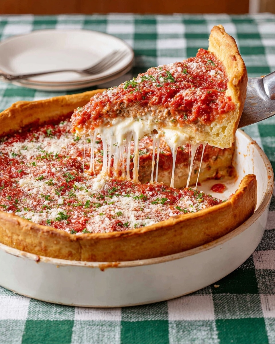 The image shows a deep pie with three visible layers inside a white pie dish on a white marbled surface with a green checkered tablecloth. The pie layers from bottom to top are light brown meat filling, a bright red tomato sauce layer, and a thin white shredded cheese layer sprinkled with some green herbs. One slice is taken out and placed on a white round plate in the foreground, showing the layers clearly. Next to the slice on the plate are fresh green lettuce leaves. In the background, there is another white plate with a slice of pie and some lettuce, a small white bowl with red chili flakes, a small white bowl with shredded white cheese, a clear glass of ice water, and a small vase of delicate yellow and pink flowers. Woman's hand is not visible in the image. Photo taken with an iphone --ar 4:5 --v 7
