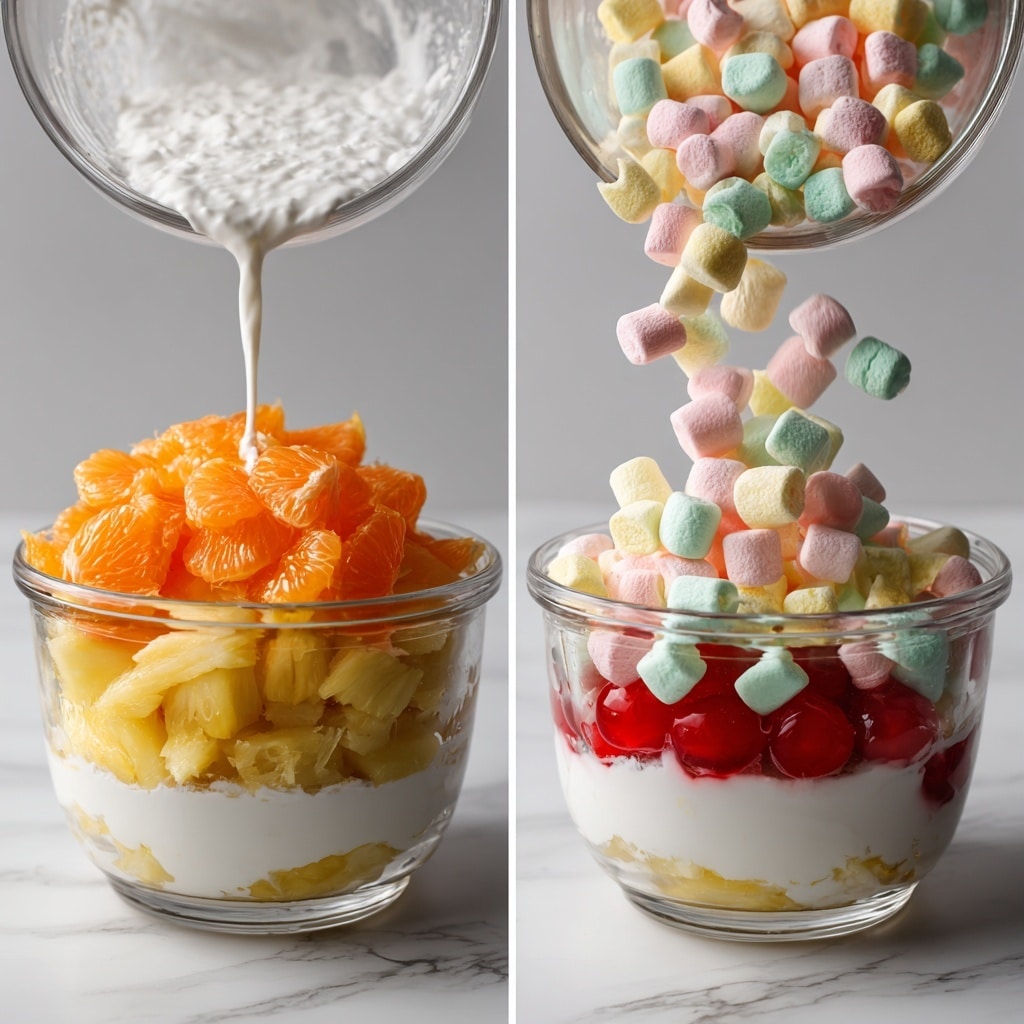 The image shows a clear glass bowl filled with a layered dessert. The base layer is a creamy, white whipped mixture, mixed with bright orange fruit pieces and small red cherries scattered throughout. The top layer is decorated with more fluffy white cream, coconut shreds, whole red cherries, and chunks of yellow fruit, adding vibrant color contrasts. The bowl sits on a white marbled surface with a soft background that includes a glass and a spoon. The overall look is light, creamy, and colorful with textures ranging from smooth cream to shredded coconut. Photo taken with an iphone --ar 4:5 --v 7