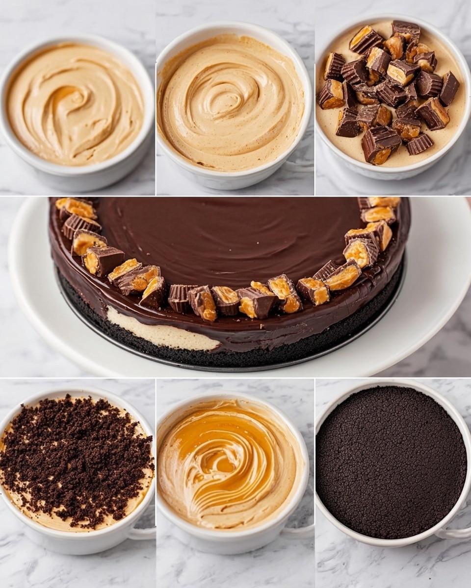 A round, three-layer chocolate dessert sits on a white plate with a white marbled background; the bottom layer is thick, dark brown, and crumbly like a cookie crust, the middle layer is a lighter creamy beige color with a smooth texture, and the top layer is glossy dark chocolate with visible swirled patterns. The edge of the top has a ring of chopped chocolate peanut butter cup pieces in varying sizes, adding a chunky texture and light brown showing peanut butter inside. The cake looks rich and dense with a shiny finish on top, photo taken with an iphone --ar 4:5 --v 7