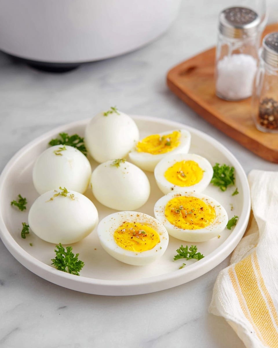A white plate with six hard boiled eggs, three whole with smooth white shells positioned on the right side, and three halved showing soft yellow yolks inside, sprinkled with black pepper and small green herb bits. A few small bright green parsley leaves are placed decoratively around the eggs. The plate sits on a white marbled surface. photo taken with an iphone --ar 4:5 --v 7