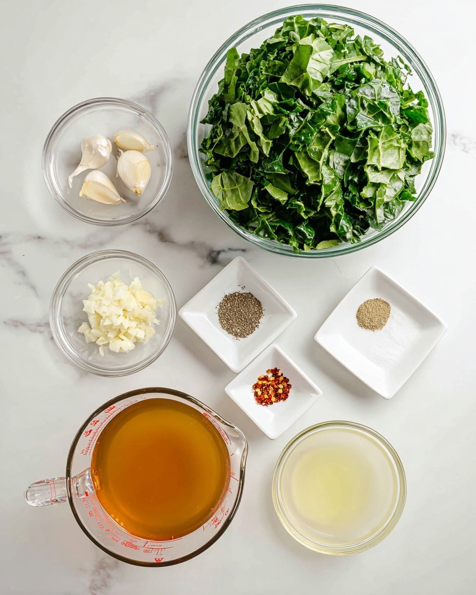 A top-down view of ingredients arranged neatly on a white marbled surface includes a large glass bowl filled with bright green chopped leafy vegetables positioned near the top right. Below and to the left are smaller clear glass bowls containing two peeled garlic cloves, finely chopped white onions, and minced ginger. Three small white square dishes are arranged in a triangle near the center right, holding salt, red pepper flakes, and ground black pepper respectively. Near the bottom left sits a clear glass measuring cup filled with amber-colored liquid, likely broth, and to its right is a smaller clear glass bowl with a pale yellow liquid. The setup is clean and organized for cooking preparation, photo taken with an iphone --ar 4:5 --v 7