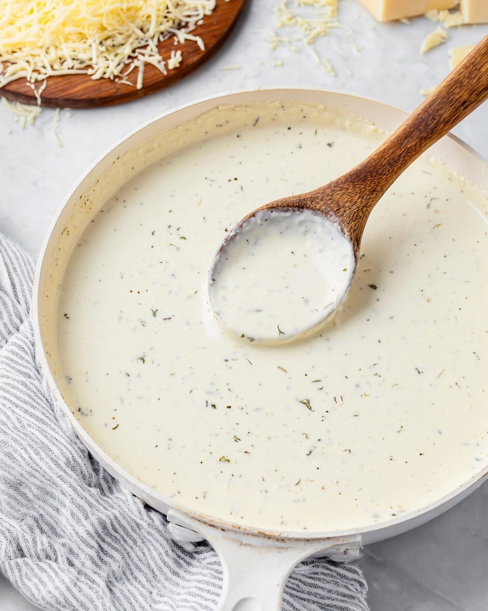 The image shows a white pan filled with a creamy white sauce that has small black and green specks throughout, likely herbs and spices. A wooden spoon is scooping some of the smooth, thick sauce towards the right side of the pan. In the background, there is a white marbled surface with some shredded cheese scattered around, and part of a wooden board is visible at the top left corner. A white and gray striped cloth is placed under the pan handle at the bottom left. The lighting is bright and natural, highlighting the sauce’s smooth texture and the fine details in the scene. photo taken with an iphone --ar 4:5 --v 7