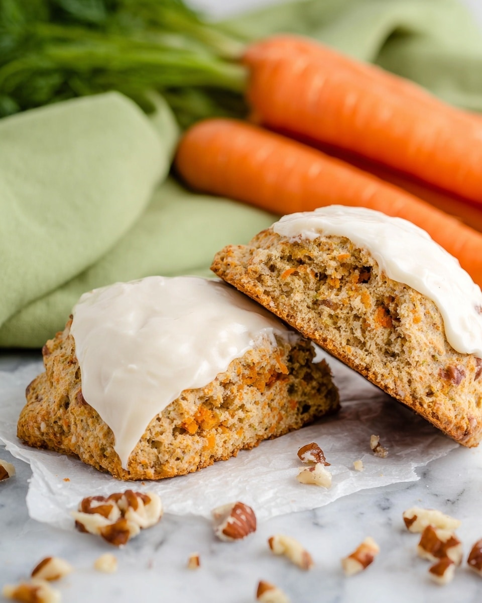 The image shows a close-up of a scone cut in half, with two thick layers visible inside that have a light brown and orange texture, dotted with small nut pieces. The top layer of the scone is covered with a smooth, creamy white frosting that has a slightly glossy finish. The scone rests on white parchment paper scattered with small chopped nuts. In the background, there are two fresh orange carrots with green tops resting on a white marbled surface, and a green cloth partially visible behind them. The whole scene has a warm and fresh feel. Photo taken with an iphone --ar 4:5 --v 7