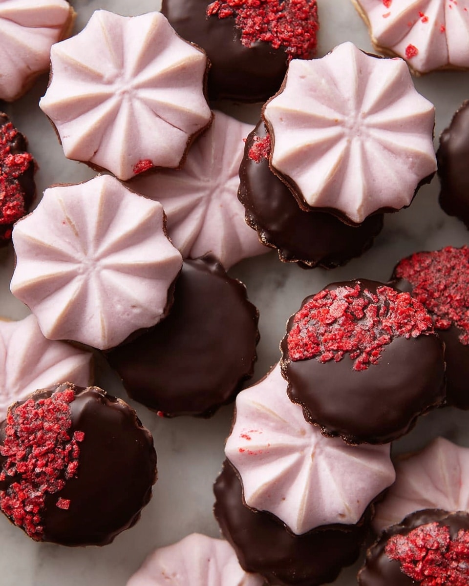 The image shows many small round cookies arranged on a white marbled surface. Each cookie has two layers: the top layer is light pink with a smooth, swirled, ridged texture shaped like a star, and the bottom layer is dark brown, smooth chocolate with a scalloped edge. Some cookies are fully covered in chocolate on the bottom, while some have their edges dipped in chocolate and sprinkled with bright red, small crunchy pieces. One cookie is tilted, showing the flat chocolate bottom clearly. Photo taken with an iphone --ar 4:5 --v 7