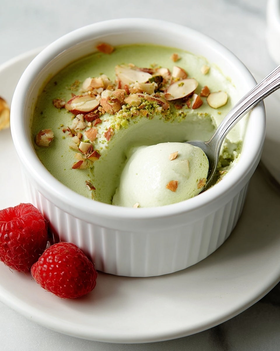 A small white ramekin holds a dessert with two visible layers; the top layer is light green and creamy with a smooth texture, sprinkled with crushed nuts that add a rough, crunchy look, while the bottom layer is a lighter, almost white green cream seen where a spoon has scooped into it. The spoon is metal and placed inside the ramekin, showing a bit of the soft texture under the green top. The ramekin sits on a white plate, both set on a white marbled surface. Two bright red raspberries are placed near the plate, adding a pop of color. Photo taken with an iphone --ar 4:5 --v 7