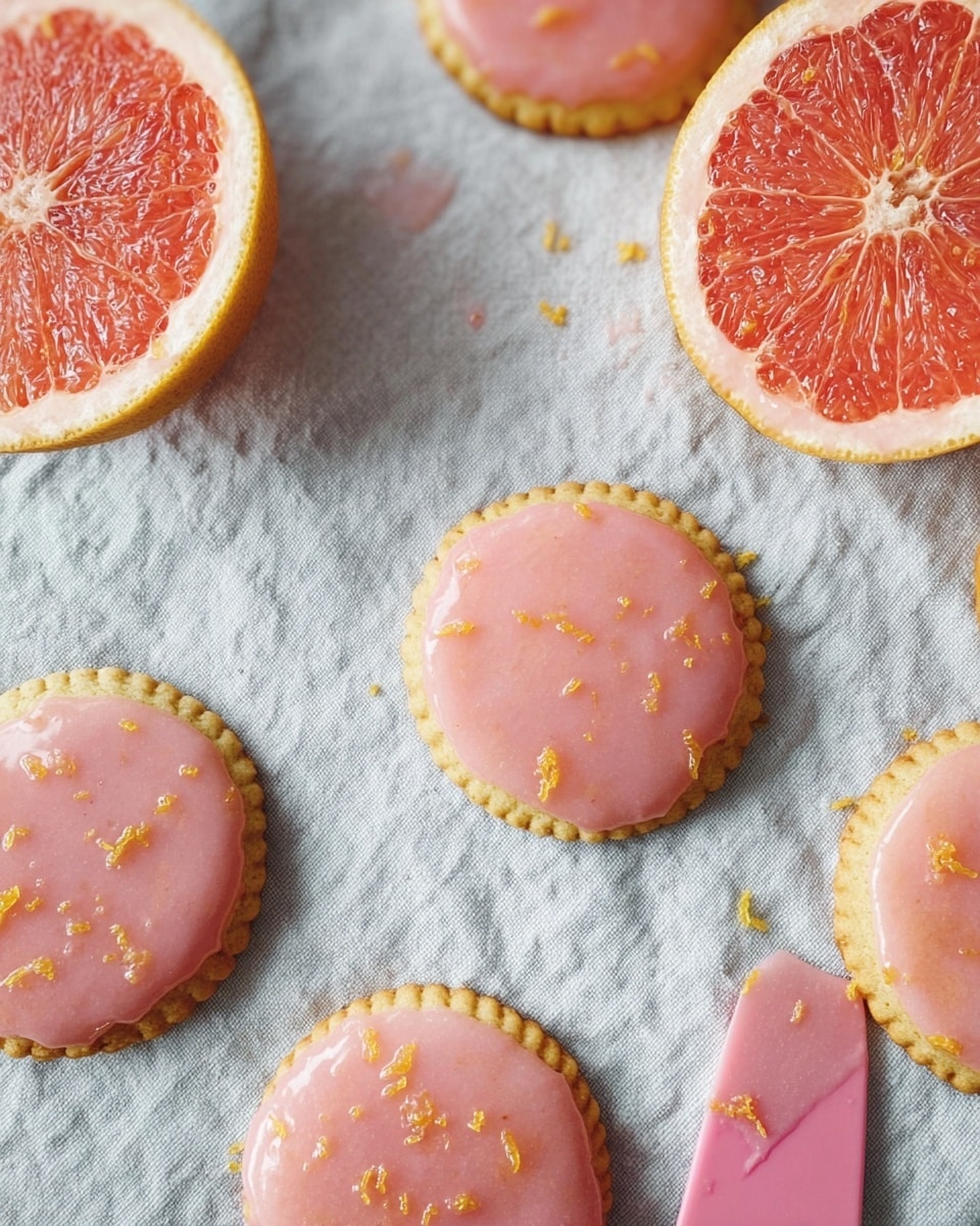The image shows several round cookies with scalloped edges stacked closely on a cloth with a subtle pattern. Each cookie has two layers: a bottom layer of pale yellow dough with a smooth texture, and a top layer coated with a shiny, slightly rough pink glaze sprinkled with tiny orange zest bits. The cookies have a soft, delicate look with a light dusting of sugar crystals on the glaze. The scene is set on a white marbled texture background. photo taken with an iphone --ar 4:5 --v 7