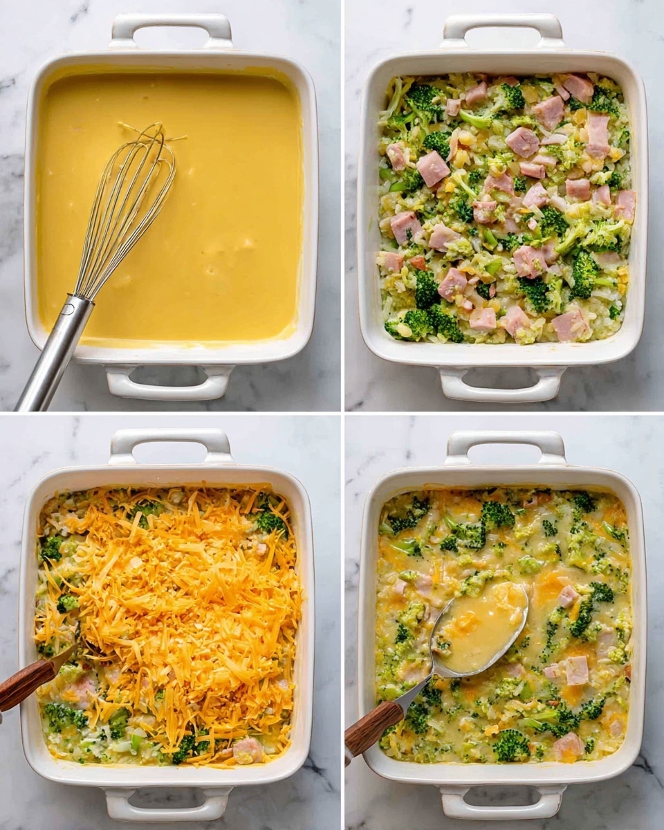 The image shows a white rectangular casserole dish filled with a baked dish made of three main layers. The bottom layer is creamy white rice, soft in texture and lightly mixed with small bits of light green broccoli. The middle layer has tender chunks of cooked light beige chicken scattered evenly throughout. The top layer is melted cheddar cheese in a bright golden yellow color, melting over green broccoli florets and chicken pieces. A vintage silver spoon is scooping out a portion from the bottom right corner, revealing the creamy rice layer beneath. The dish is set on a white marbled surface with green herbs and a wooden board with cornbread pieces nearby. Photo taken with an iphone --ar 4:5 --v 7