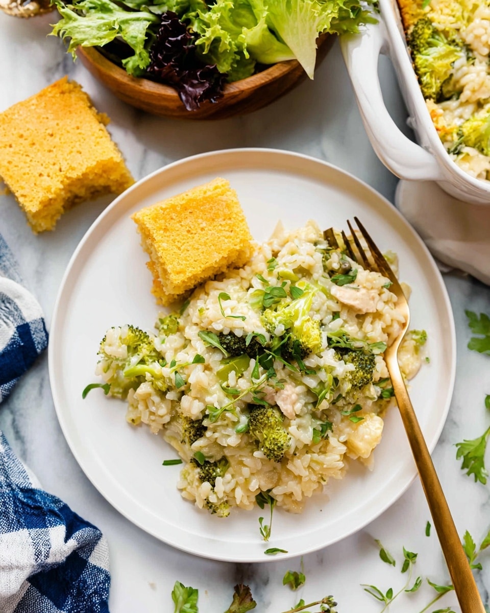 A white plate holds a creamy rice dish mixed with bright green broccoli pieces and small bits of chicken, garnished with fresh green herbs on top. On the side of the plate, there are two square pieces of golden-yellow cornbread, showing a soft crumb texture. A golden fork rests on the right edge of the plate, partially stuck in the rice. Nearby, there is a wooden bowl filled with mixed green leaves. The setting is on a white marbled surface with some scattered green herbs and a blue and white checked cloth partially visible at the bottom left. Part of a white dish with the same rice and broccoli mix is visible on the upper right side of the image. Photo taken with an iphone --ar 4:5 --v 7