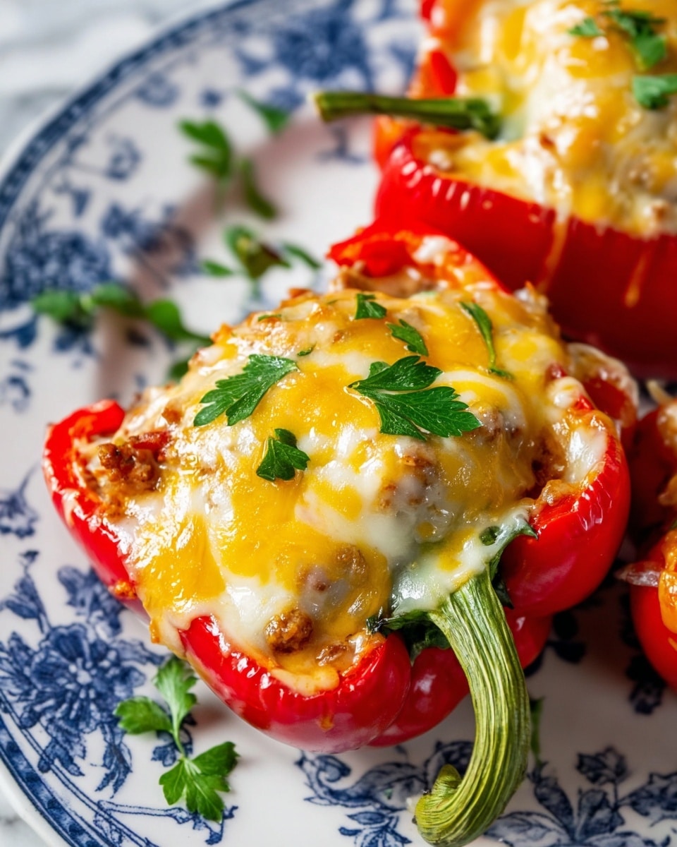 A white plate with blue floral designs holds five red bell pepper halves filled with a mix of cooked ground meat and topped with melted white and yellow cheese. The peppers have green stems and are sprinkled with small green herb leaves. A vintage silver fork rests on the plate’s right side. Around the plate, there are fresh green herb leaves scattered on a white marbled texture. The scene also shows a small bowl with lemon slices and some bread pieces nearby. Photo taken with an iphone --ar 4:5 --v 7