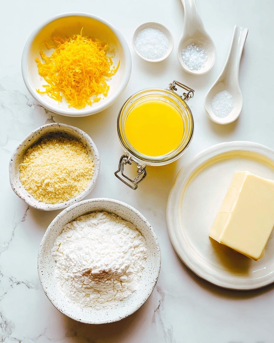 The image shows a flat lay of baking ingredients arranged on a white marbled surface. There is a white bowl filled with bright yellow lemon zest on the top left, next to two white ceramic spoons containing small amounts of liquid and salt in the center top. Below that to the left is a white speckled bowl filled with white flour, with a small dip in the middle. In the center is a glass container with a metal clasp holding a smooth, yellow liquid, possibly melted butter or egg yolk. To the right is a white plate with a soft, pale yellow block of butter. In the bottom right corner, there is a white bowl with golden breadcrumbs or almond meal. The colors contrast well with the light background, creating a calm and bright kitchen scene. Photo taken with an iphone --ar 4:5 --v 7