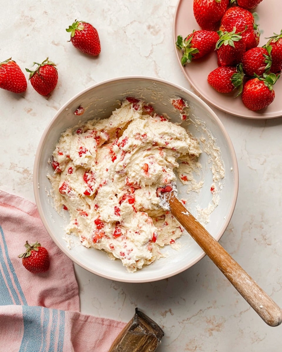 A white bowl filled with a chunky dough mixed with small red strawberry pieces throughout. The dough is creamy white and slightly rough in texture, with the bright red strawberry bits scattered inside. A wooden spoon with dough on it rests inside the bowl on the right side. Around the bowl are whole, fresh strawberries with green tops on a white marbled surface. A pale pink plate holding more strawberries is placed at the top right corner, and a pink cloth with blue stripes is on the left side. An old-fashioned dough cutter with a wooden handle is partially visible at the bottom. photo taken with an iphone --ar 4:5 --v 7