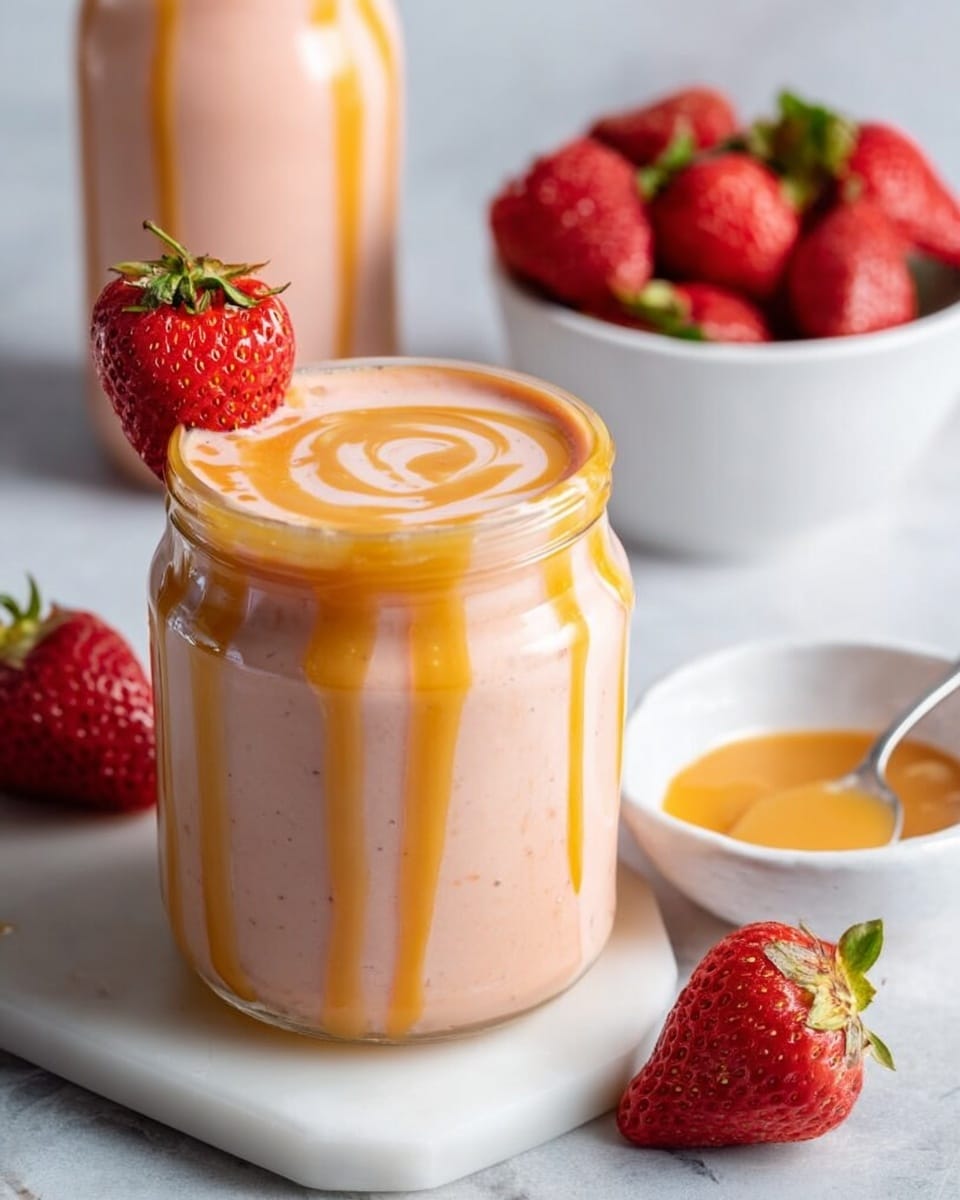 A clear glass jar filled with a creamy pink smoothie that has thick yellow-orange syrup dripping down the inside walls in uneven vertical streaks, topped with a swirl of the same yellow-orange syrup on the surface, and garnished with a half strawberry showing red flesh and green leaves placed at the rim; beside the jar is a white marbled surface holding a white bowl of fresh whole strawberries and a smaller white bowl containing more yellow-orange syrup with a spoon inside, with another jar of the same smoothie partially visible behind. Photo taken with an iphone --ar 4:5 --v 7
