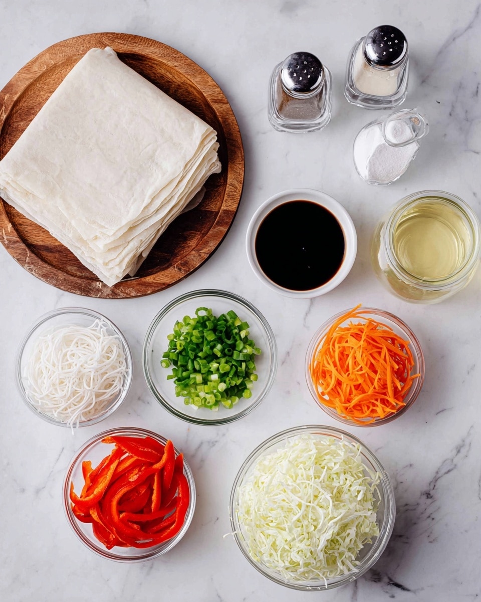 The image shows several ingredients arranged neatly on a white marbled surface. At the top left is a wooden round plate holding a stack of thin, square white sheets, likely spring roll wrappers. Above the plate is a small white round bowl filled with dark soy sauce. Next to it are two clear glass shakers with silver tops, one with salt and the other with black pepper. To the right is a glass jar filled with a light yellow liquid, possibly oil. Below the jar are two clear glass bowls, one with shredded white cabbage and the other filled with chopped green onions. Below the spring roll wrappers are three small white bowls: the left one contains thin white rice noodles, the middle has thin red bell pepper slices, and the right one has finely shredded orange carrots. The layout is clean and organized, with the ingredients ready for assembly. Photo taken with an iphone --ar 4:5 --v 7