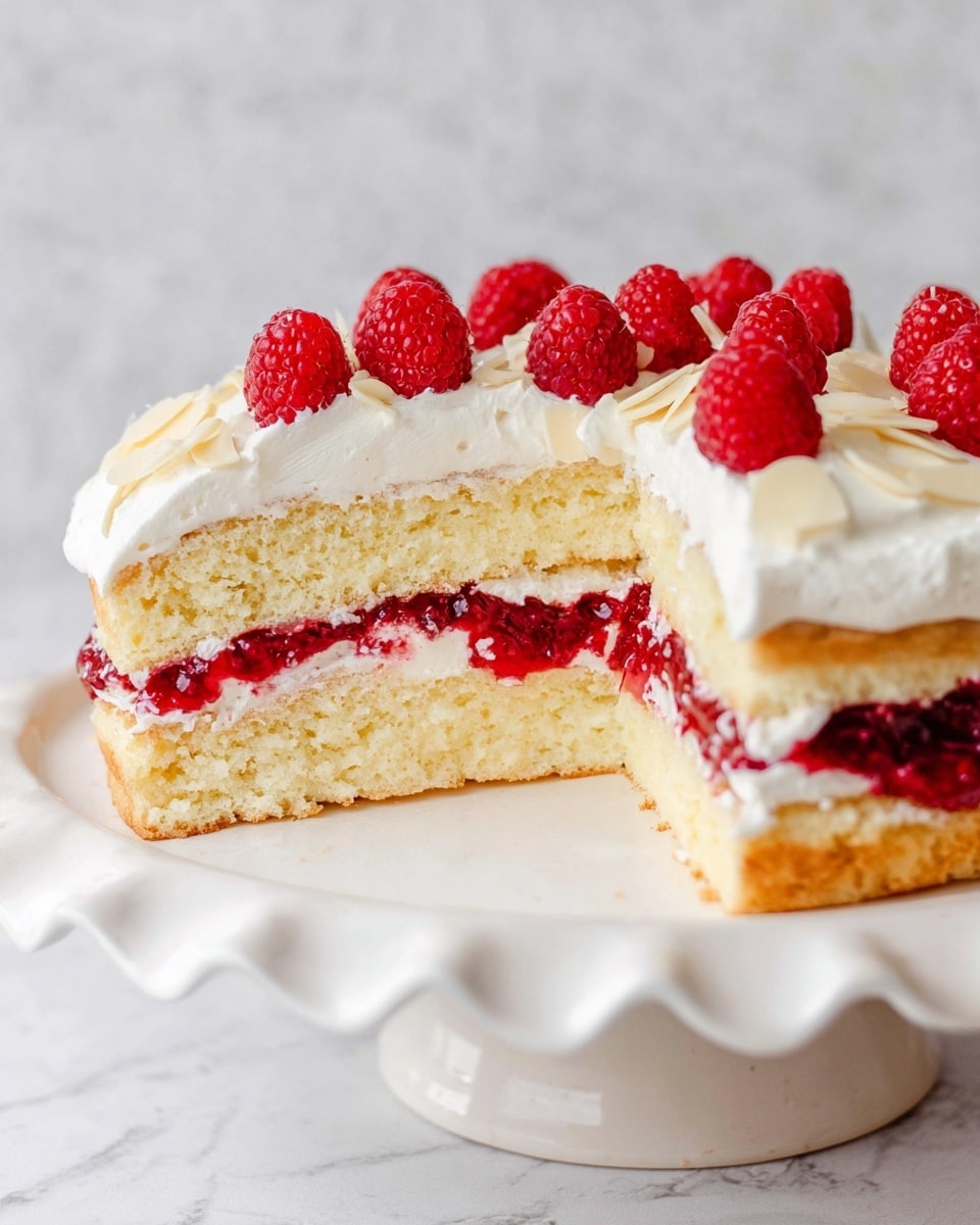 A two-layer sponge cake is shown on a white ruffled cake stand, placed on a white marbled surface. The bottom layer is golden brown and thick, with a thick spread of white cream on top, slightly spilling over the edges. Another golden brown layer is stacked on top, covered again with a thick layer of white cream. The top cream layer is decorated with bright red raspberries, scattered evenly and topped with a few small white flakes. Around the base of the cake stand, a few raspberries and white flakes are scattered on the white marbled surface. Photo taken with an iphone --ar 4:5 --v 7