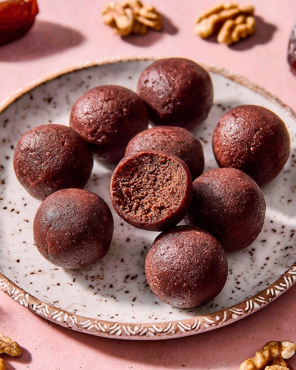 The image shows a clear food processor bowl filled with two main layers: the bottom layer is filled with light brown walnut halves with a rough, uneven texture, and the top layer consists of several glossy, dark reddish-brown dates with wrinkled skins, scattered unevenly over the walnuts. The ingredients take up almost the entire bowl, with the black blade piece visible in the center. In the upper left corner, there are two white bowls—one filled with whole dates and the other filled with walnut pieces—placed on a surface with a soft pink tone and some texture. Photo taken with an iphone --ar 4:5 --v 7