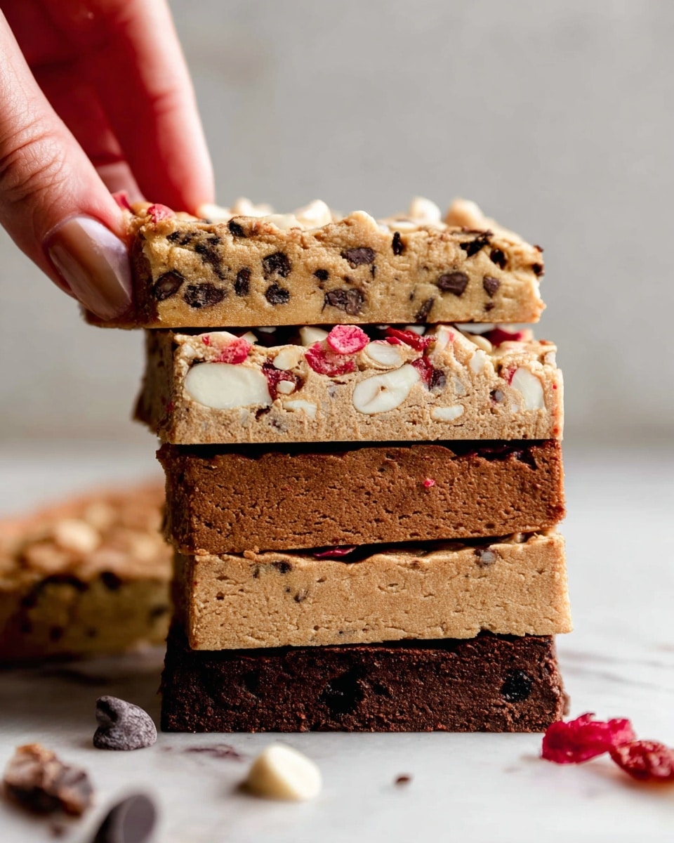 The image shows five rectangular cookie bars laid out on white parchment paper over a white marbled surface. Each bar is light brown, studded with many small, dark chocolate chips on top, giving a dotted texture. Two bars are stacked on top of each other, clearly showing the thickness and dense texture of the bars from the side with chocolate chips embedded throughout. To the right, there is a white bowl with a honey dipper in golden honey, and parts of two other white bowls are seen, one with more chocolate chips in the bottom left and one partially visible on the right edge. The overall scene has soft, natural lighting highlighting the smooth yet firm texture of the bars. photo taken with an iphone --ar 4:5 --v 7
