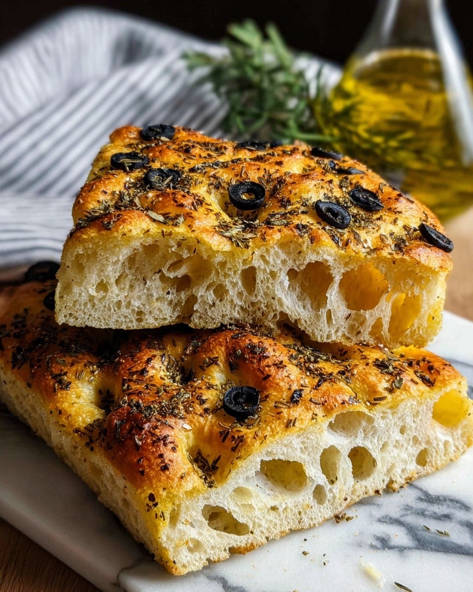 The image shows a close-up of a baked focaccia bread with a golden brown top, puffy bubbles, and a charred texture in some spots. The bread is dotted with black olive slices, which are pressed into the dough surface. The crust is slightly crisp with dark specks of herbs spread unevenly across the bread. This focaccia is presented on a round black tray. The setting has a white marbled texture background. Photo taken with an iphone --ar 4:5 --v 7