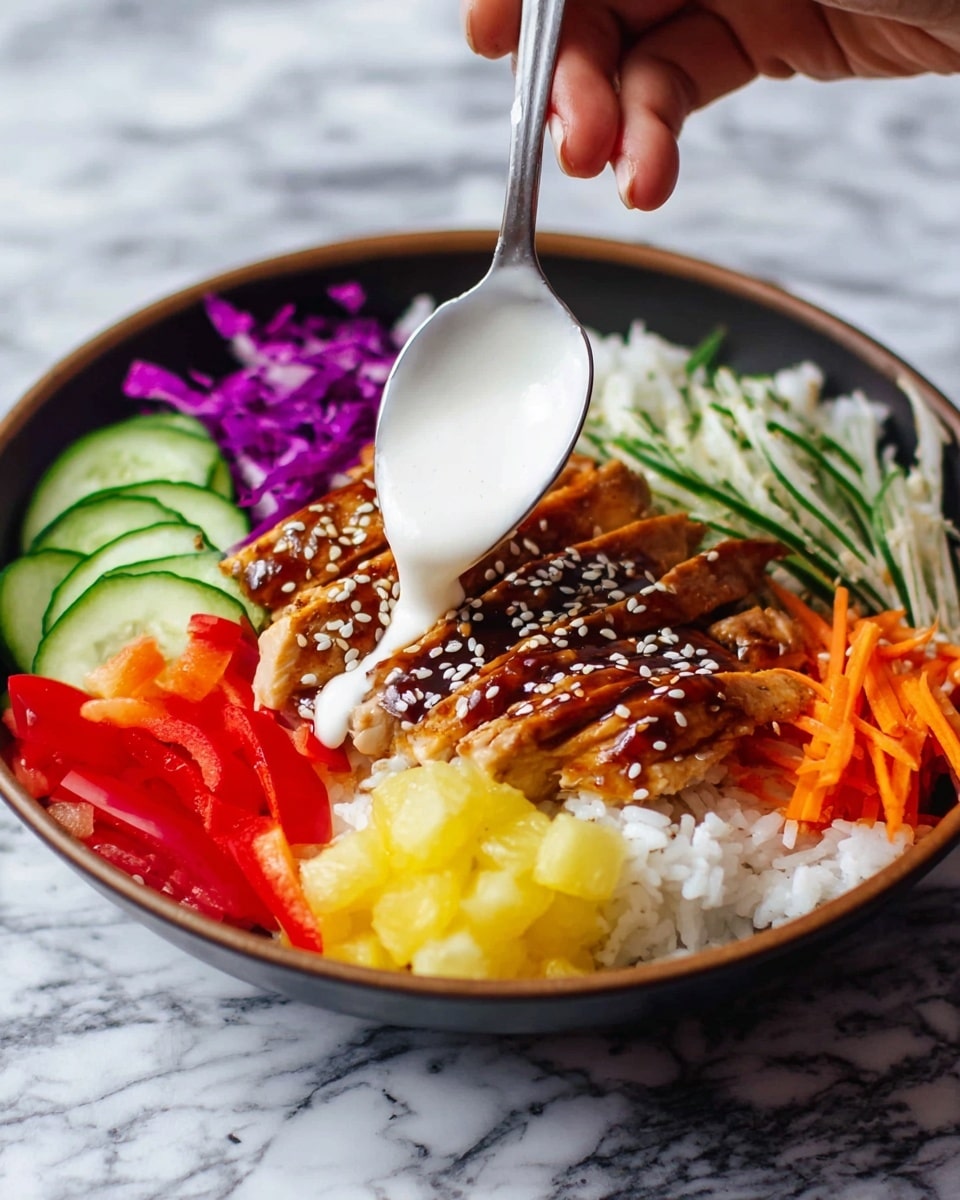 A bowl on a white marbled surface holds a colorful dish with six main layers arranged side by side. The bottom layer is fluffy white rice. On top of the rice in the center is grilled chicken glazed with a shiny dark brown sauce and sprinkled with white sesame seeds, sliced into neat strips. On the left of the chicken is bright purple pickled onions, next to thin slices of green cucumber. Above the chicken are thin orange carrot sticks, and next to them are small yellow pineapple chunks. On the right side, there are green edamame beans and bright red bell pepper strips. The bowl is white with a black interior and tiny white speckles. Photo taken with an iphone --ar 4:5 --v 7