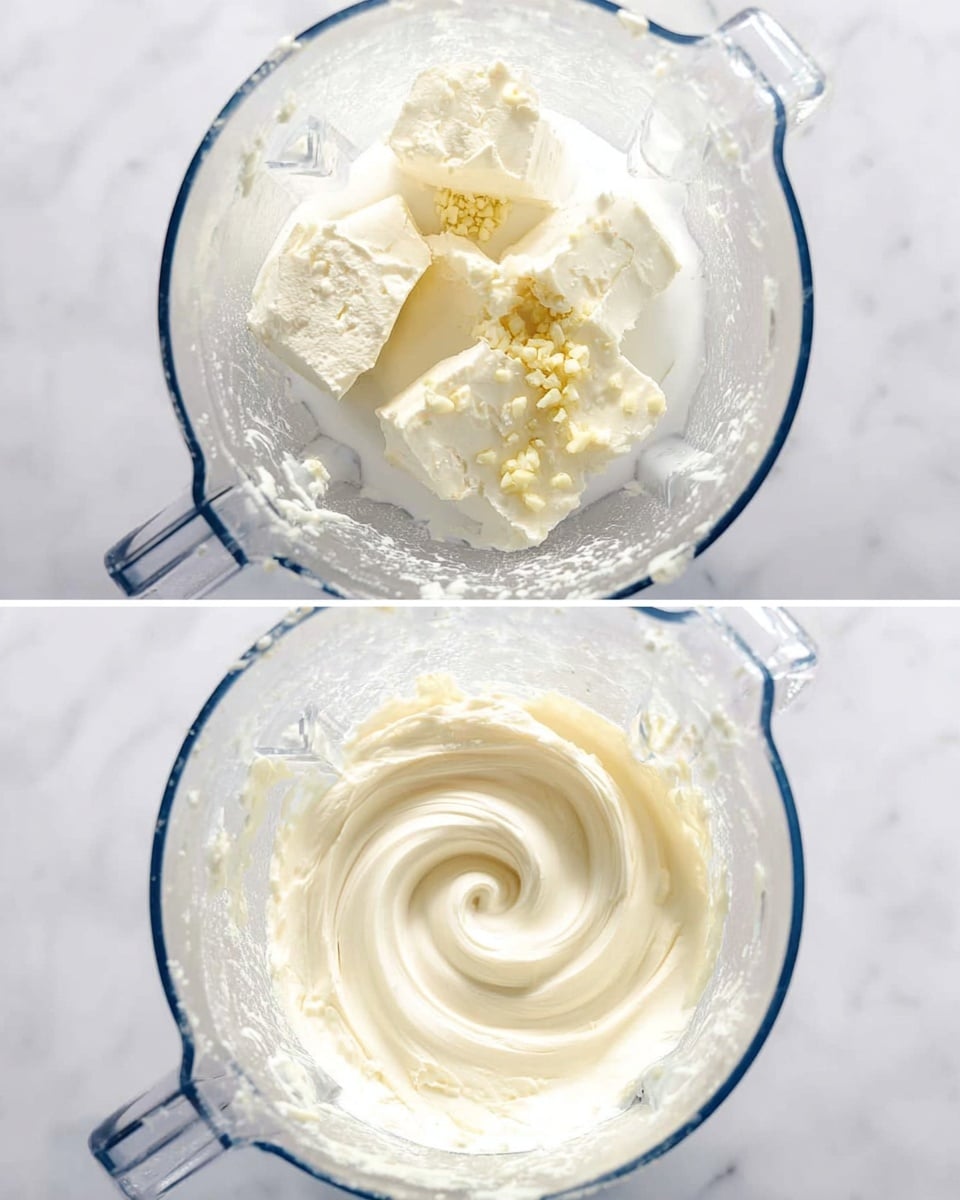 The image shows two close-up views inside a clear blender on a white marbled surface. The first view has thick white cream and large white soft cheese blocks layered together with small bits of garlic on top, sitting raw and unmixed at the bottom of the blender. In the second view, the same ingredients have turned into a smooth, creamy white mixture without pieces, showing a soft spiral pattern in the center from blending. Photo taken with an iphone --ar 4:5 --v 7