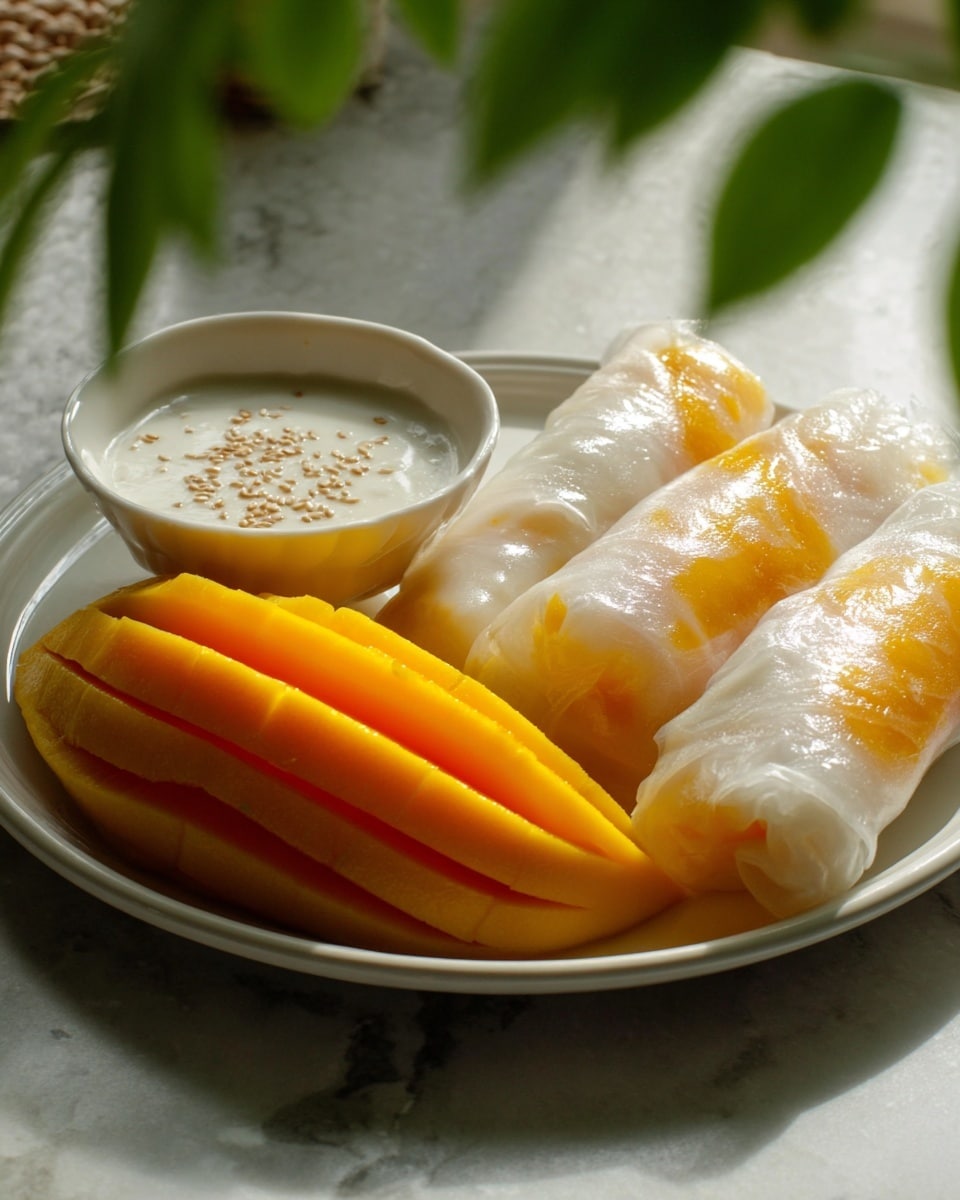 A white round plate holds three translucent sticky rice rolls with visible orange mango slices inside on the right side, their glossy texture reflecting light. To the left of the rolls is a neatly sliced mango, arranged like a fan with bright yellow-orange color and smooth surface. At the back of the plate, near the mango slices, there is a small white bowl filled with creamy white coconut sauce sprinkled with small sesame seeds. The plate is set on a white marbled surface with soft natural light casting gentle shadows, and some green leaves are blurred in the background. Photo taken with an iphone --ar 4:5 --v 7
