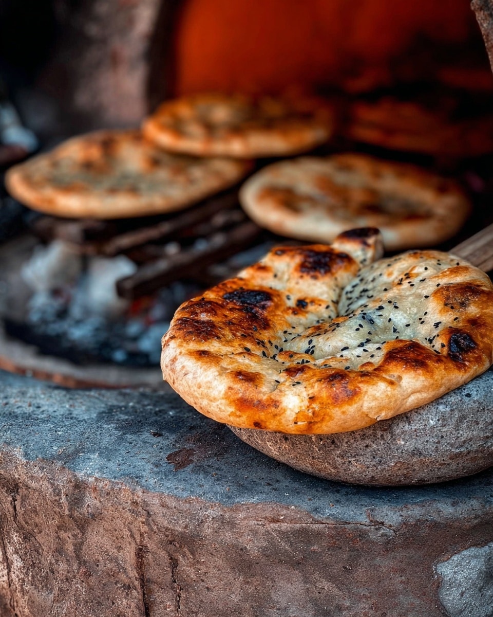 A close-up shows a golden brown flatbread with a slightly puffy, uneven surface dotted with black seeds, stuck to a round, rough stone tool used for baking. The flatbread has darker toasted spots and a lighter creamy base color, giving it a toasted texture look. In the background, there are more similar flatbreads baking inside a round clay oven with a reddish-orange glow from the heat inside. The setting has a rustic feel with the baking stone and oven edges showing wear and rough textures. photo taken with an iphone --ar 4:5 --v 7