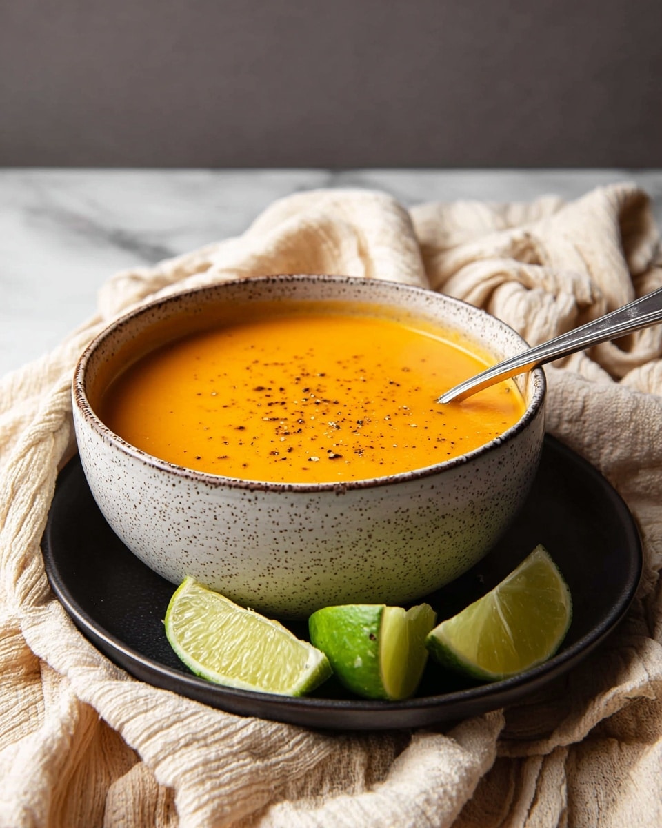 A bowl filled with smooth bright orange soup, topped with small black pepper specks spread on the surface; a silver spoon rests inside the bowl, slightly pressing into the soup creating a small swirl. The bowl is white with dark speckles and sits on a white marbled cloth, with fresh green lime halves and glossy lime leaves arranged around the bowl. The background is a soft beige waffle-textured fabric that surrounds the bowl gently. photo taken with an iphone --ar 4:5 --v 7