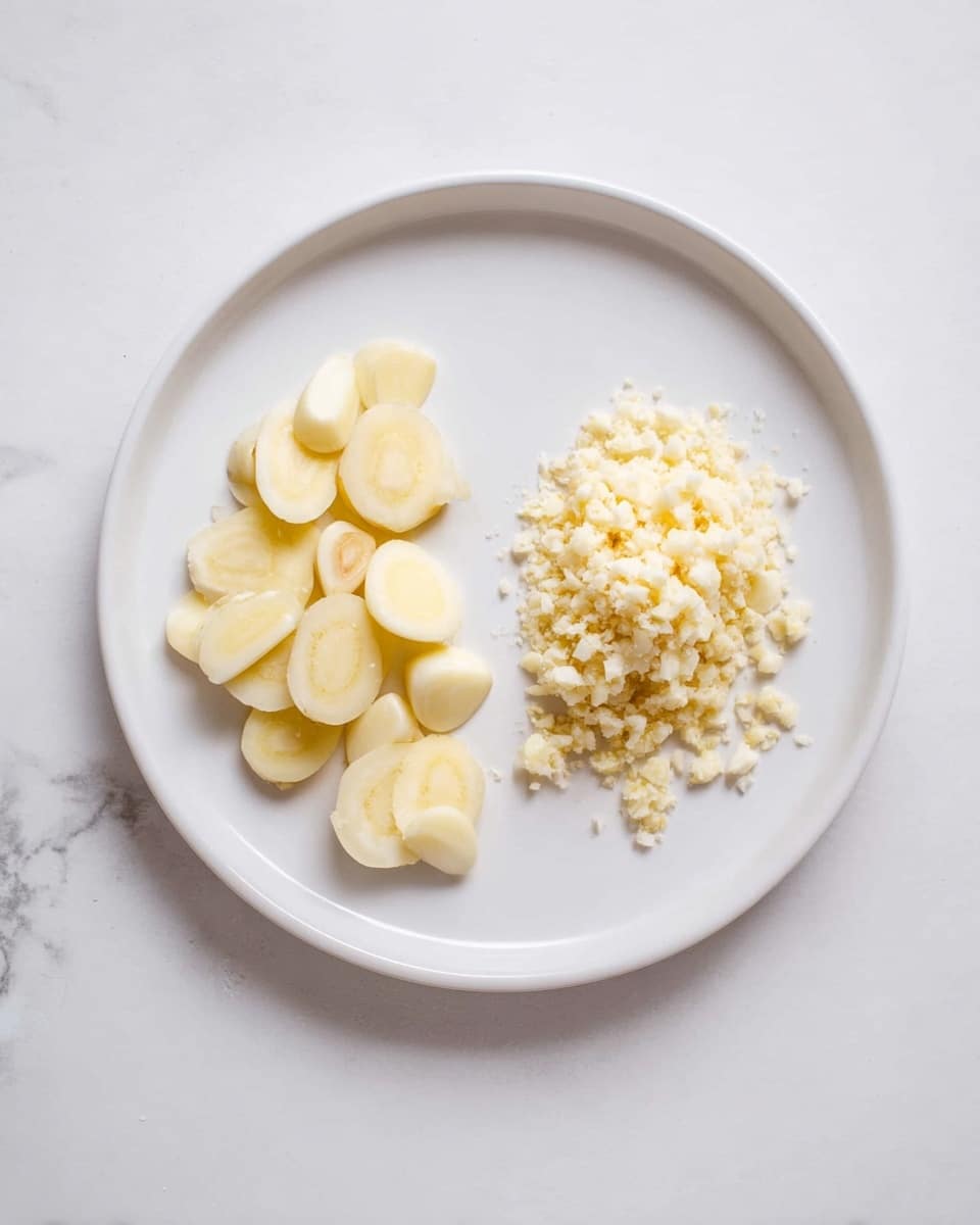 A white plate with two groups of garlic on it, placed on a white marbled surface. On the left side, there are thin, pale yellow garlic slices arranged in a small pile, each piece showing a smooth texture with a slightly translucent center. On the right side, there is a small heap of finely chopped garlic that looks crumbly and moist, with soft white and light yellow tones. The overall look is clean and fresh. photo taken with an iphone --ar 4:5 --v 7