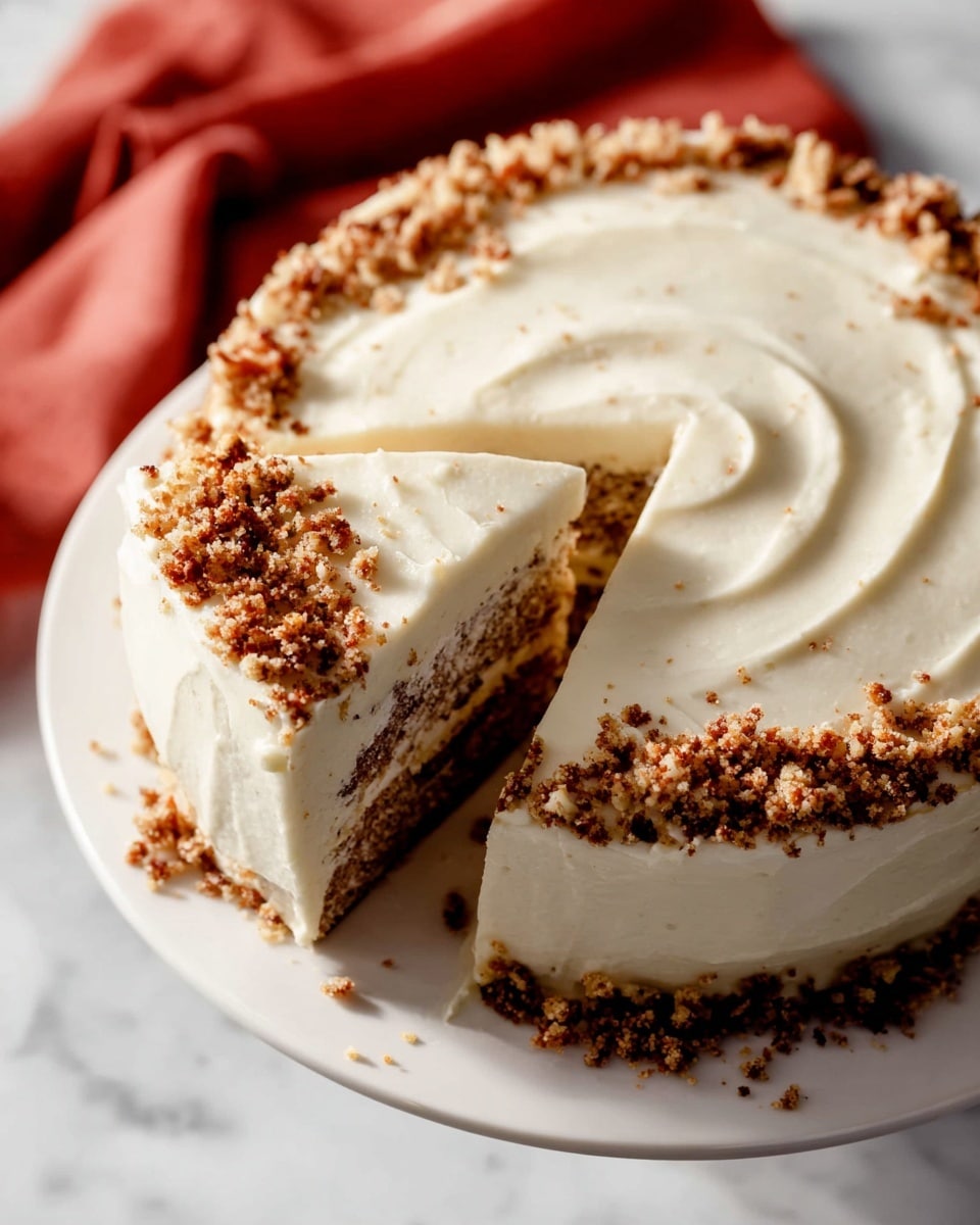 A close-up view of a slice of carrot cake with three layers of moist, dark orange-brown cake speckled with small dark pieces, separated by two layers of white creamy frosting. The top and sides of the slice are coated with thick, smooth white frosting, with some crumbs pressed into it. The slice is placed on a plain white round plate on a white marbled surface, with cake crumbs scattered around. In the background, there is a second slice on another white plate and the rest of the cake on a white cake stand. A metal spatula rests beside the front plate. Photo taken with an iphone --ar 4:5 --v 7